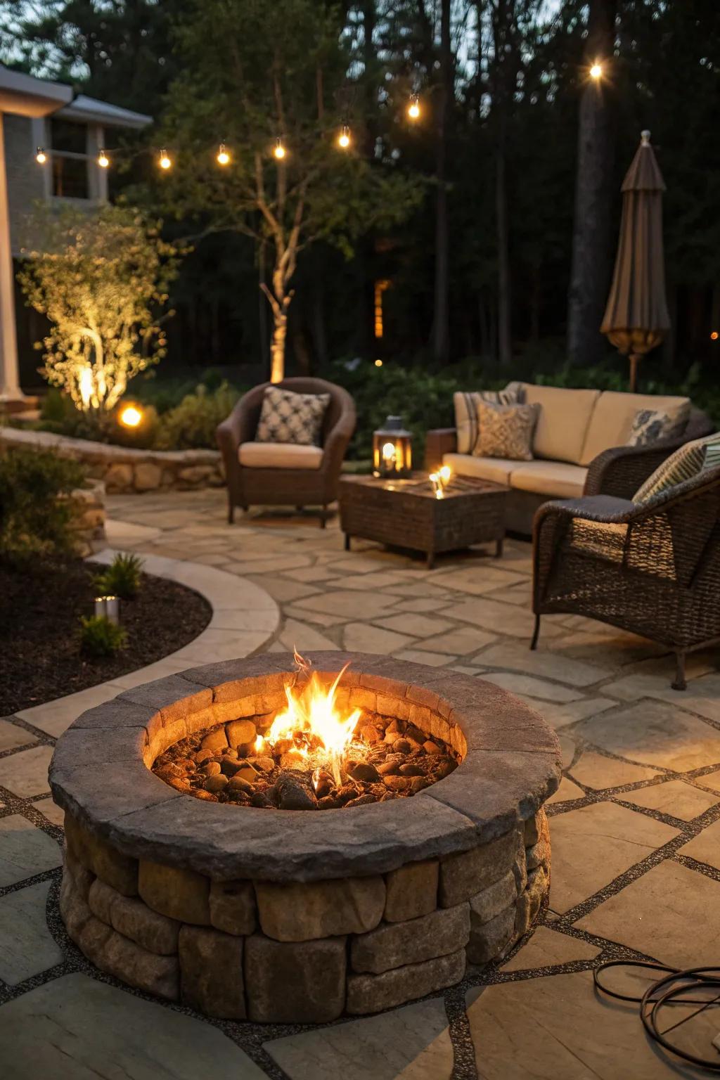 A central firepit creates a cozy focal point.