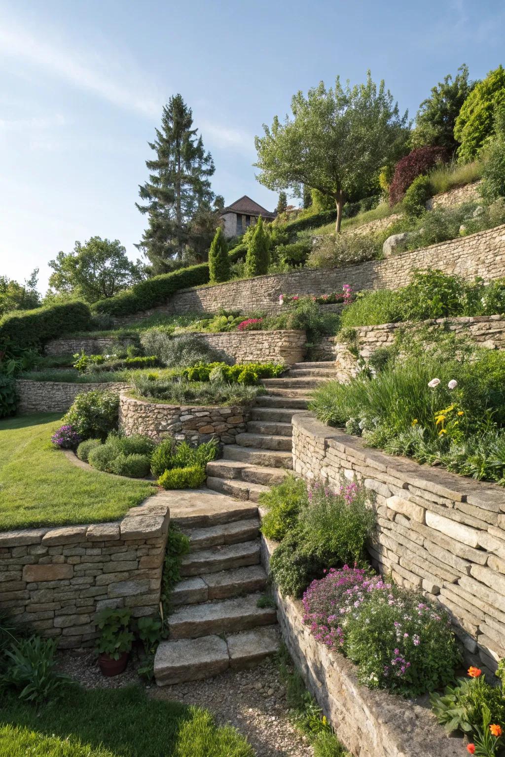 A stylish terraced garden with flagstone walls adding structure