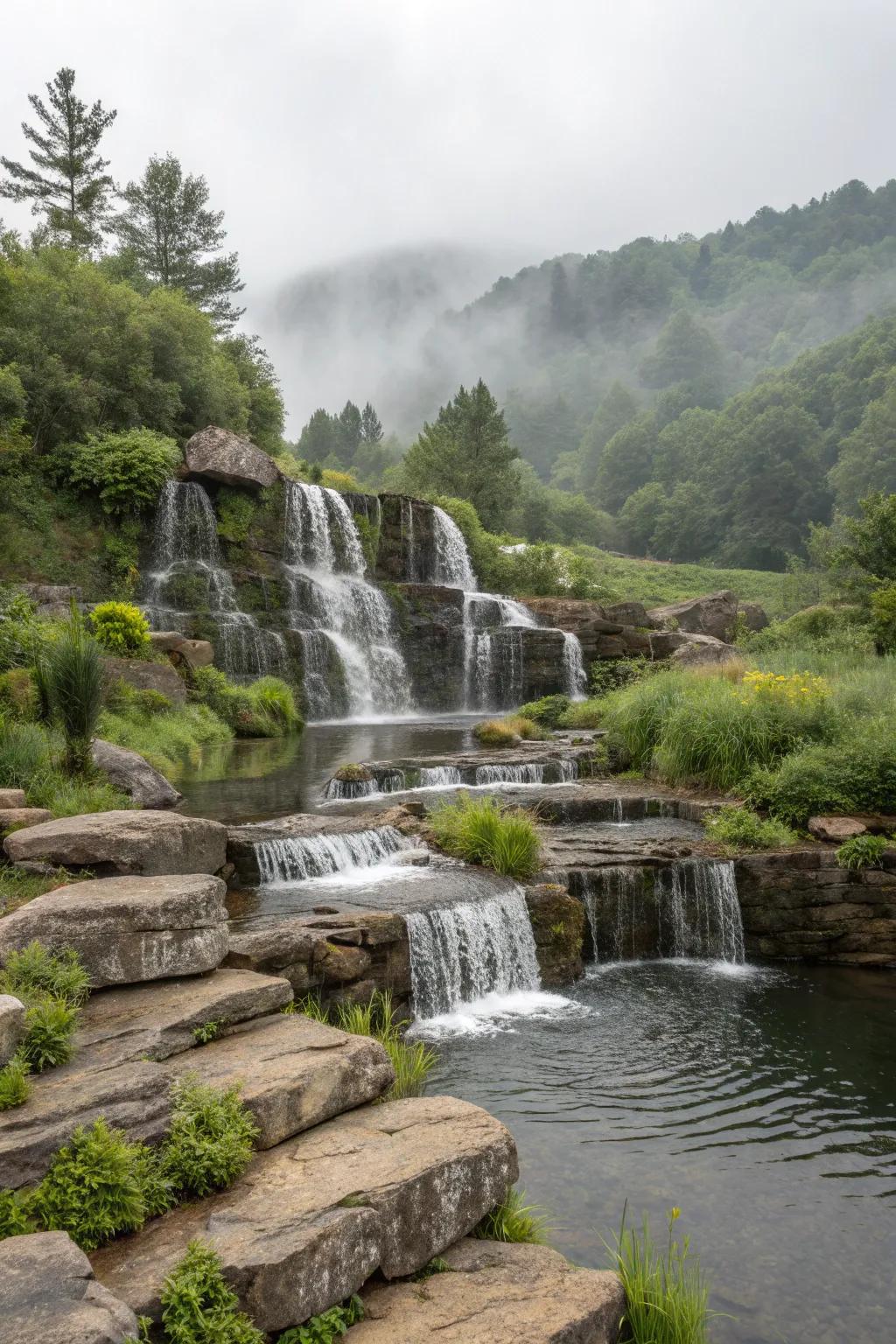 A tiered flagstone waterfall adding depth and sound.