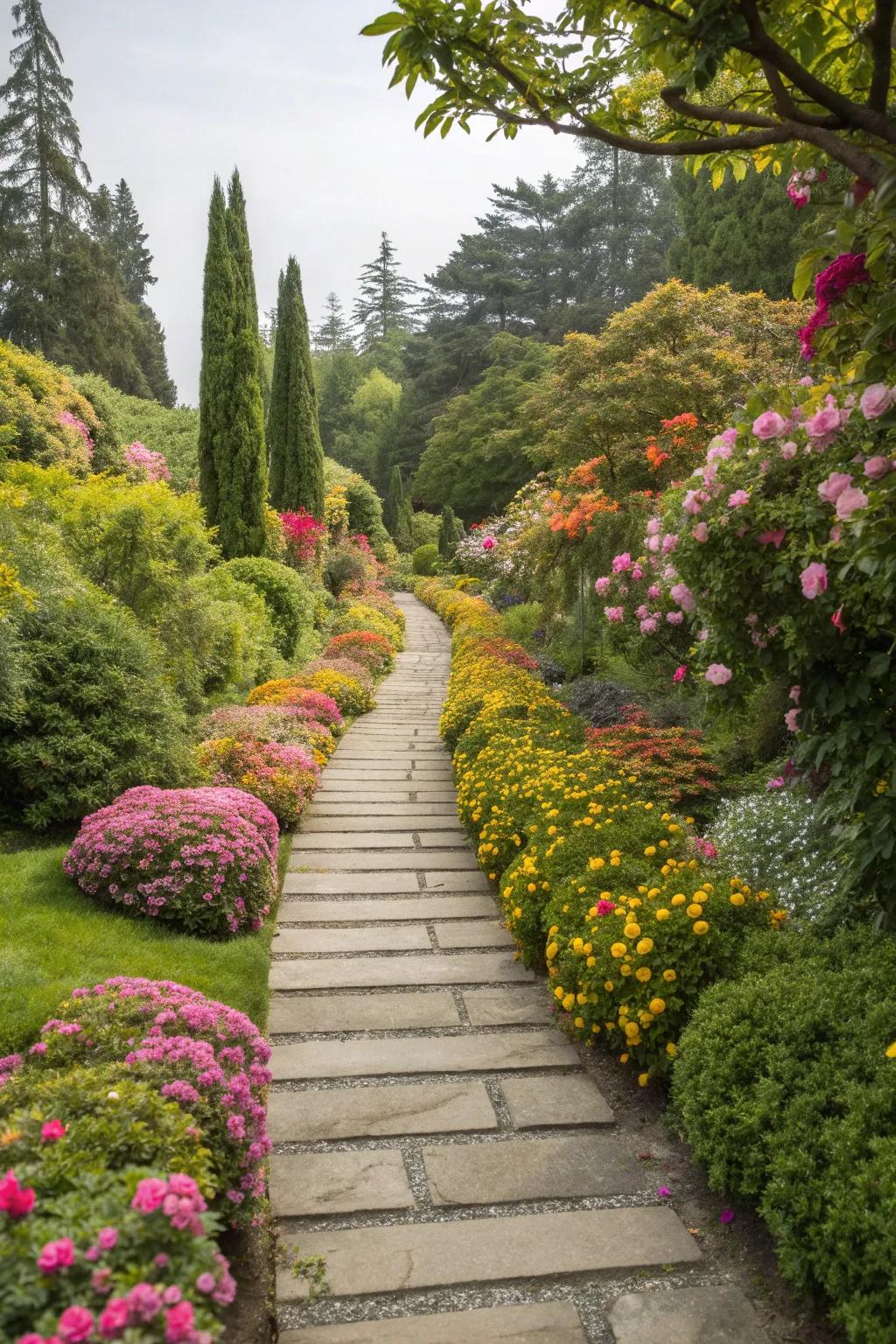 A picturesque flat rock walkway through a blooming garden.
