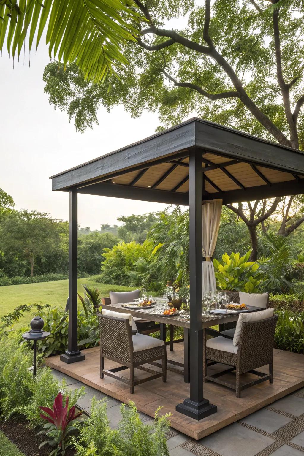An inviting outdoor dining space under a flat roof gazebo.