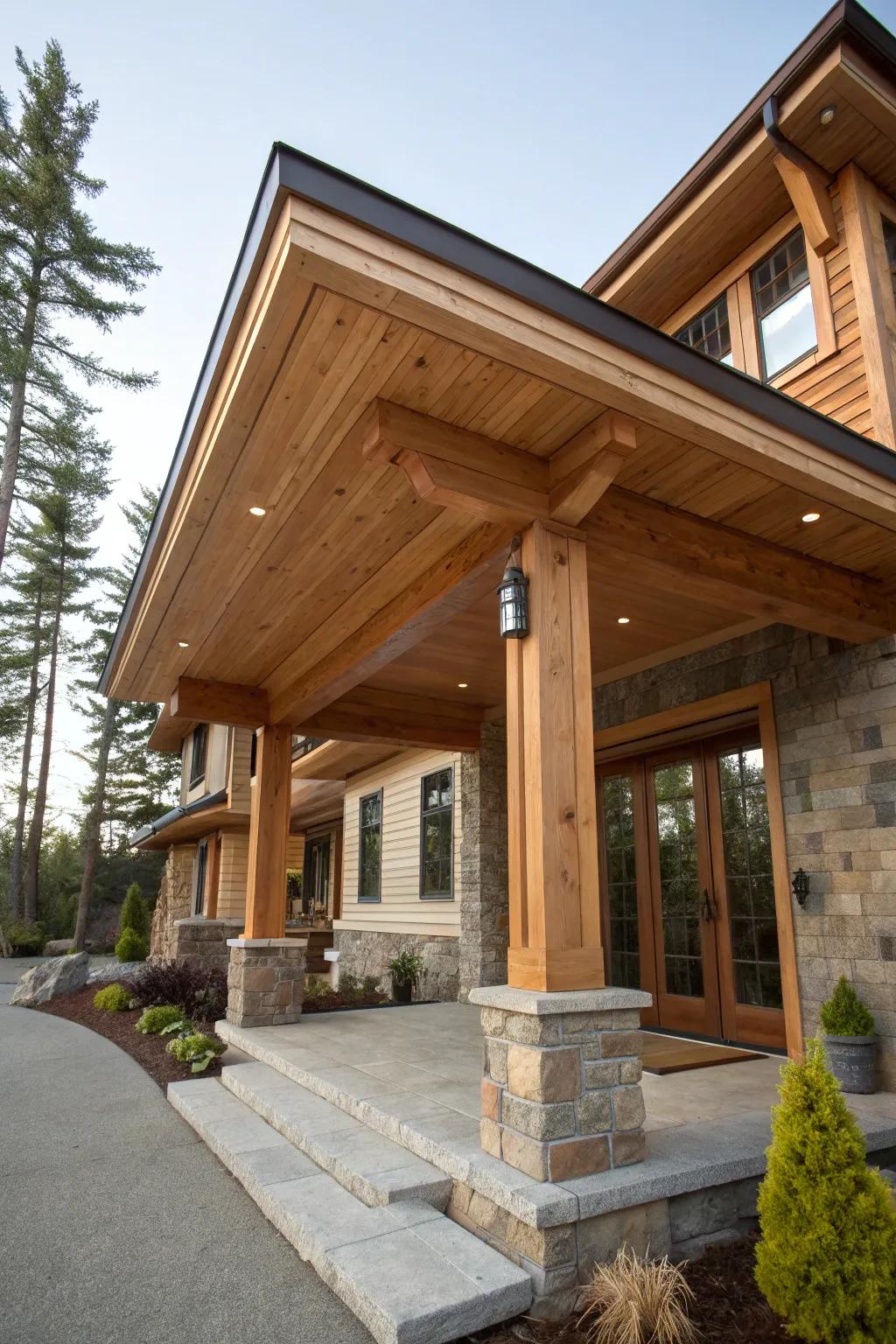 Wooden elements on this flat roof portico add warmth and elegance to the entrance.