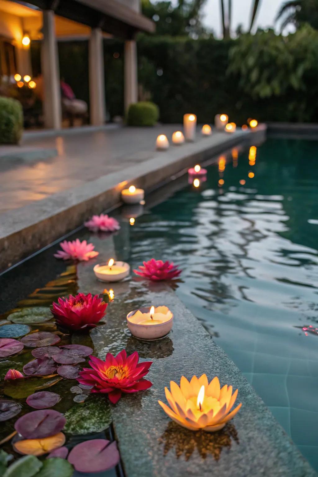 Floating flowers add a natural splash of color to candlelit pools.