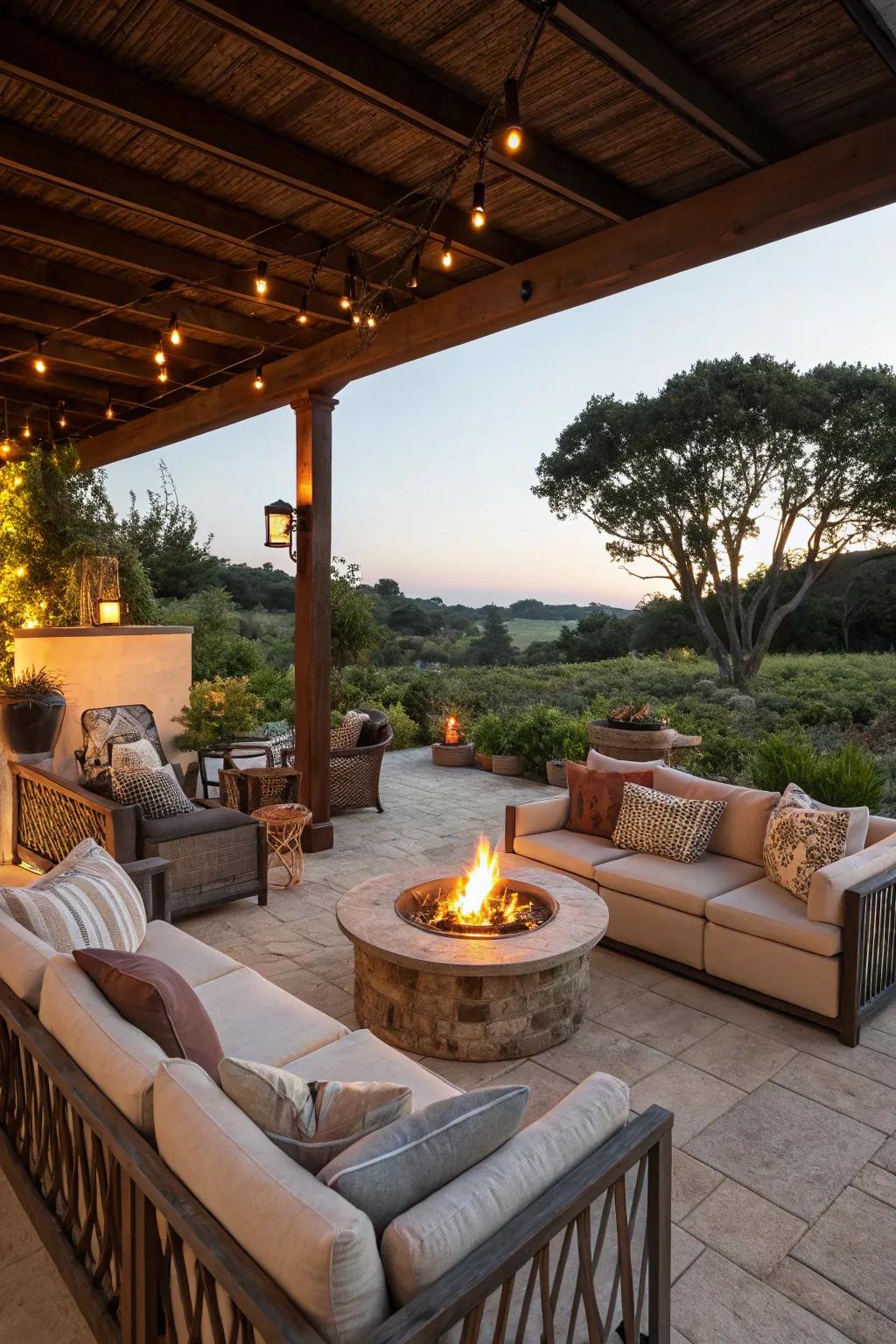 A cozy sitting area with sofas surrounding a warm fire pit.