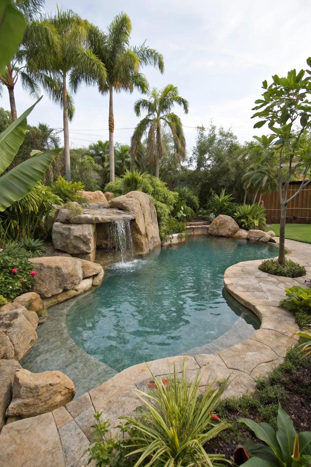 A tropical lagoon-style pool surrounded by vibrant flora.