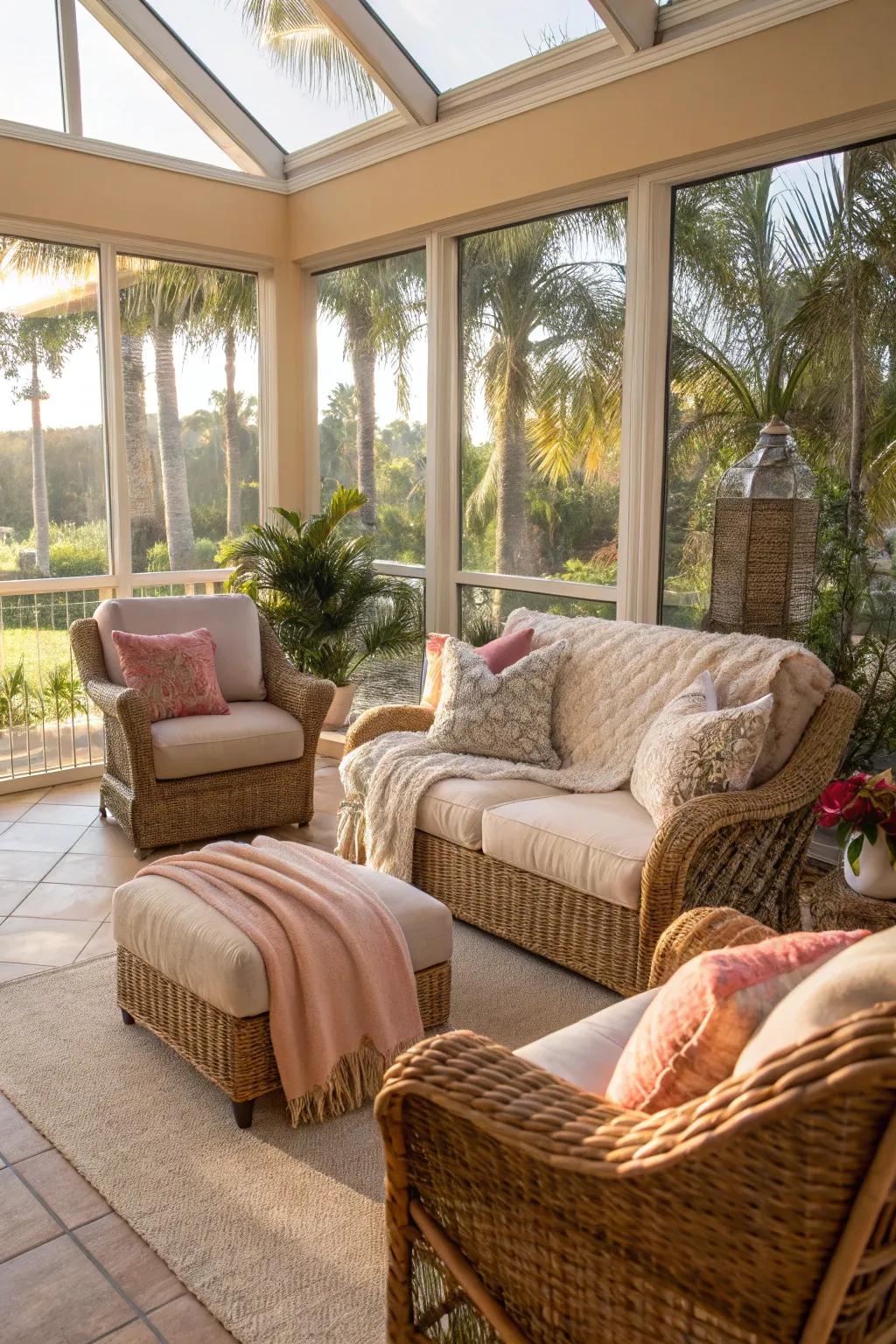 A cozy seating nook that invites relaxation in the sunroom.