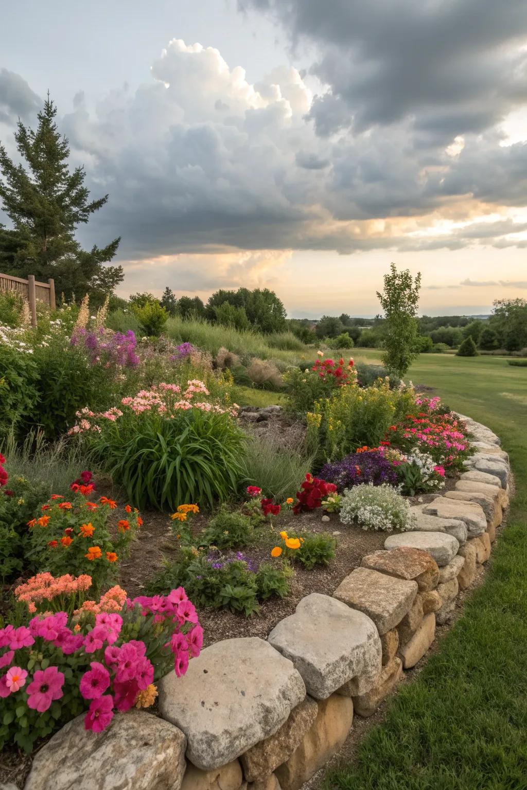 Rustic elegance with natural stone borders for flower beds.