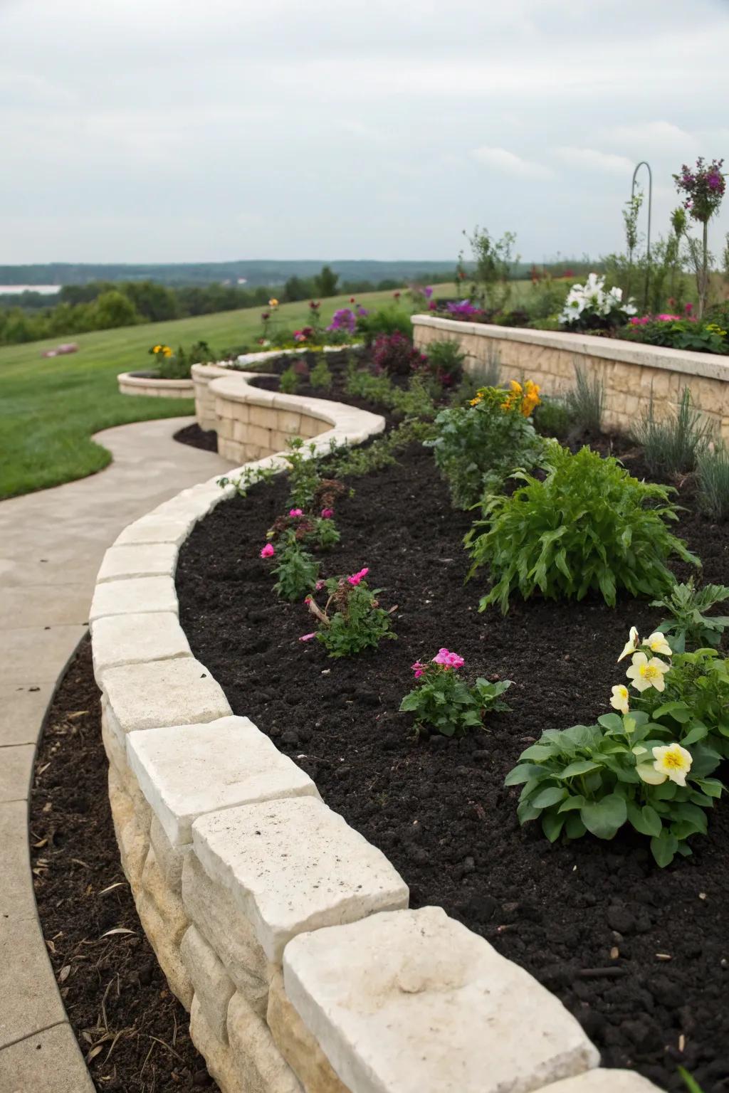 The contrast of light stones and dark mulch creates striking garden borders.