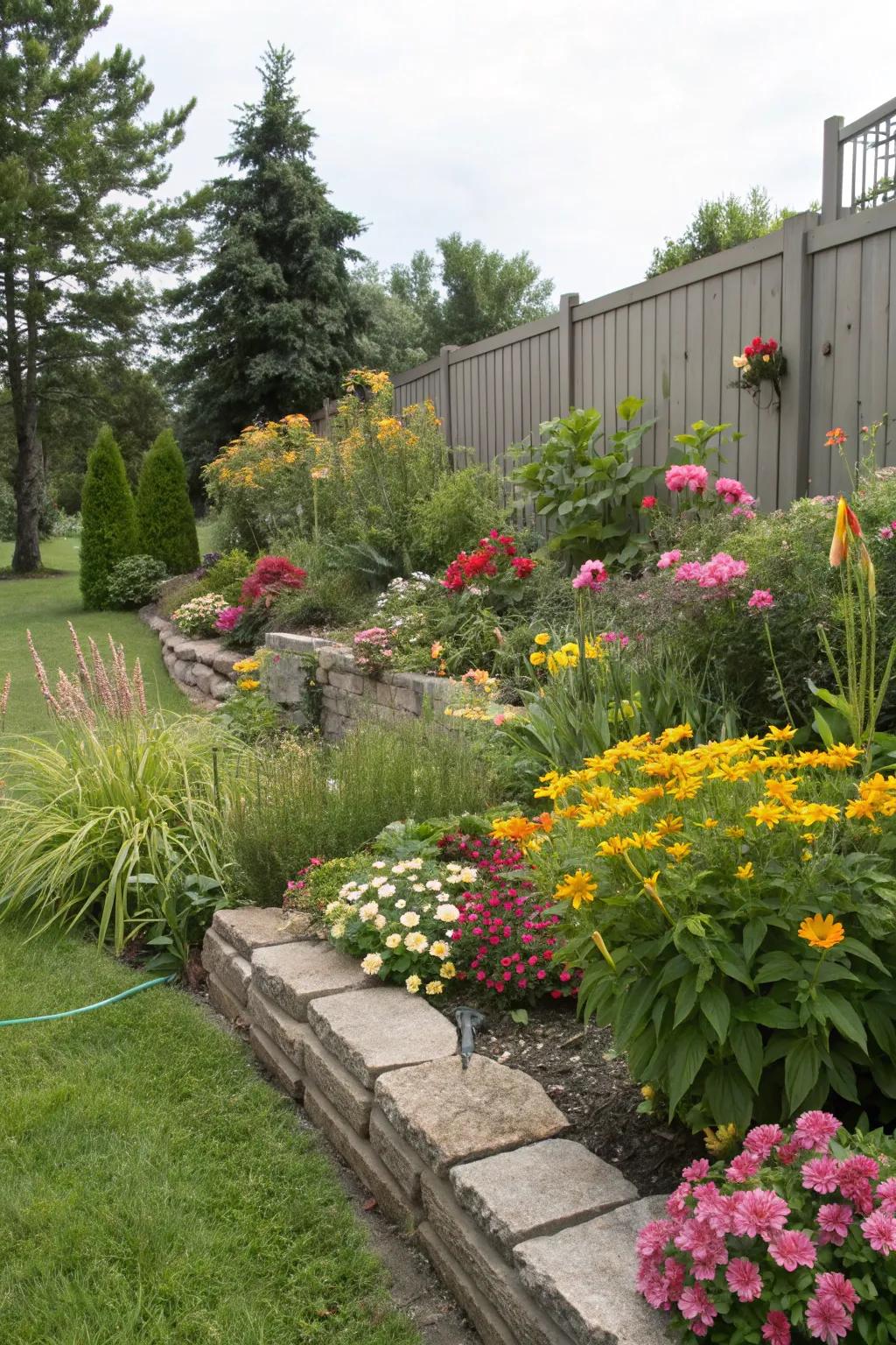 Layered planting technique adds depth and interest to this garden.