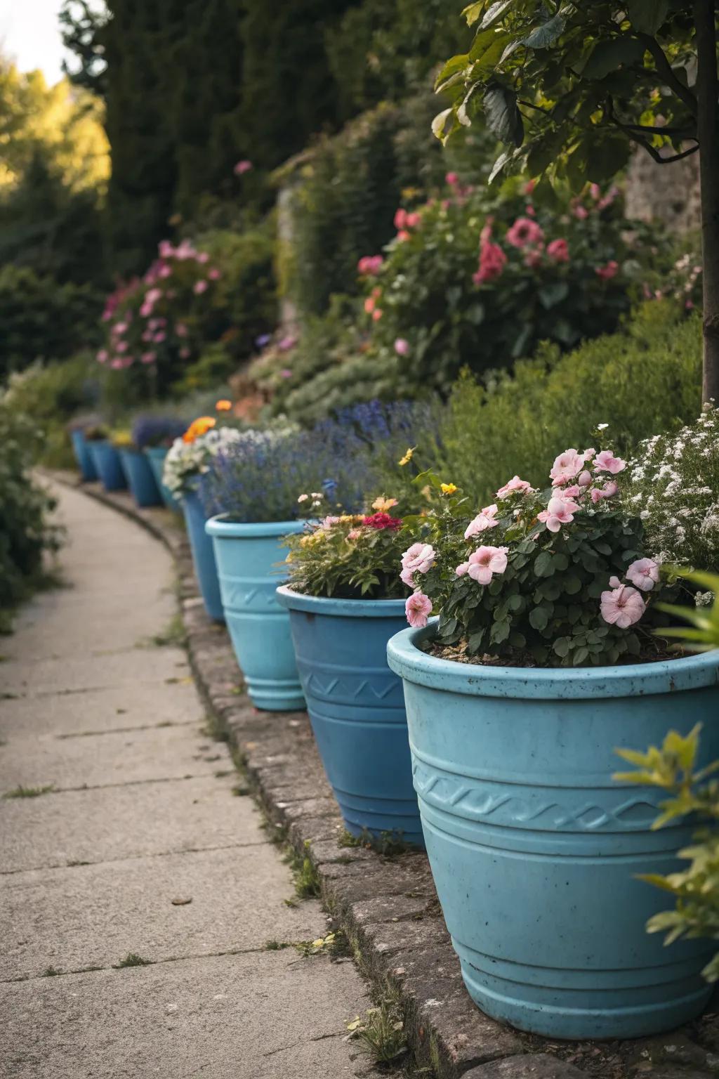 Create a calming oasis with color-coded planters.