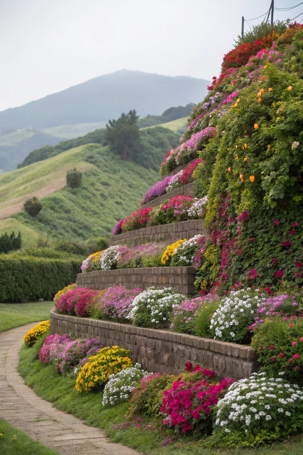 Tiered flower beds offer stunning visual layers and prevent erosion.