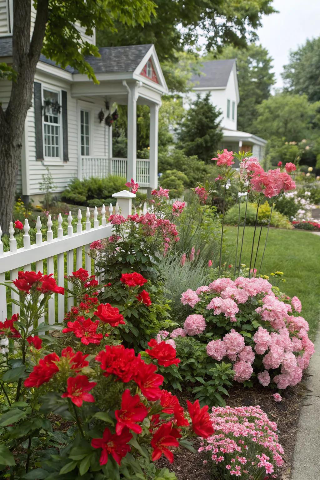 A striking display of red and pink flowers in a garden