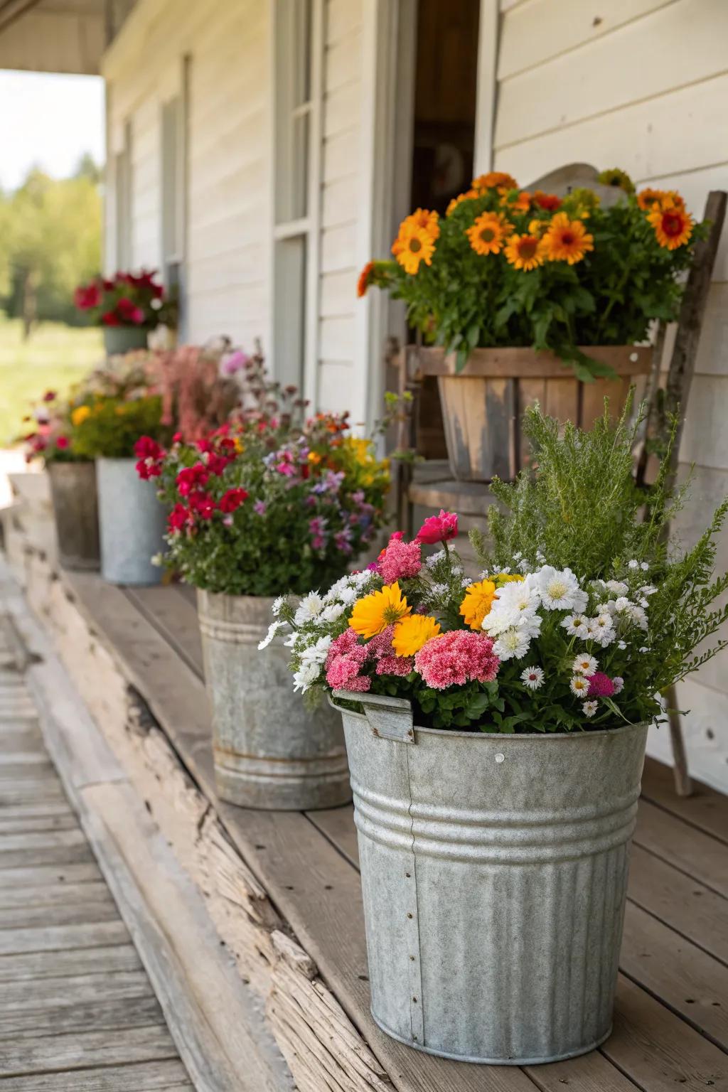 Tin buckets make charming rustic planters.