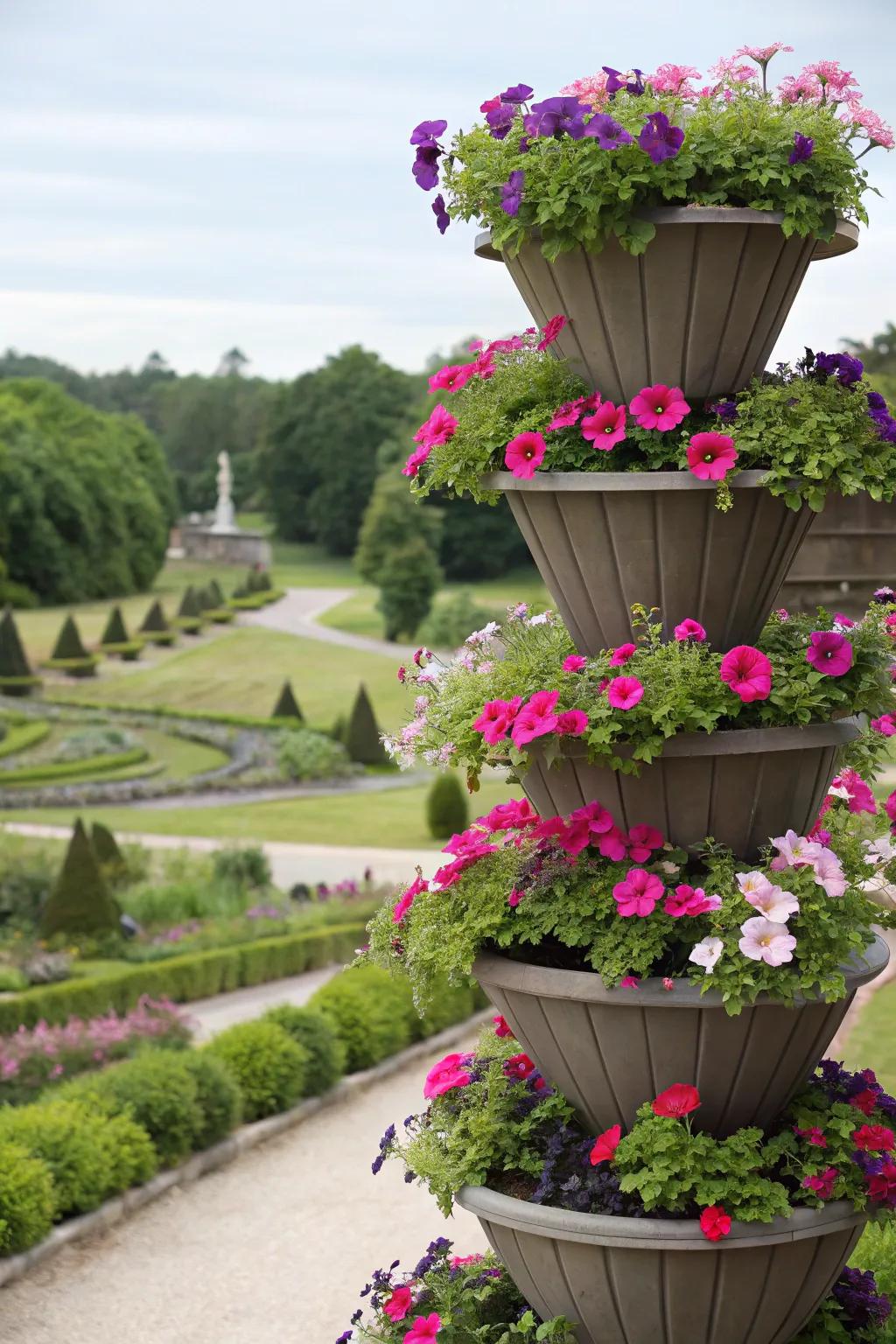 A creative display of vertically stacked flower pots.