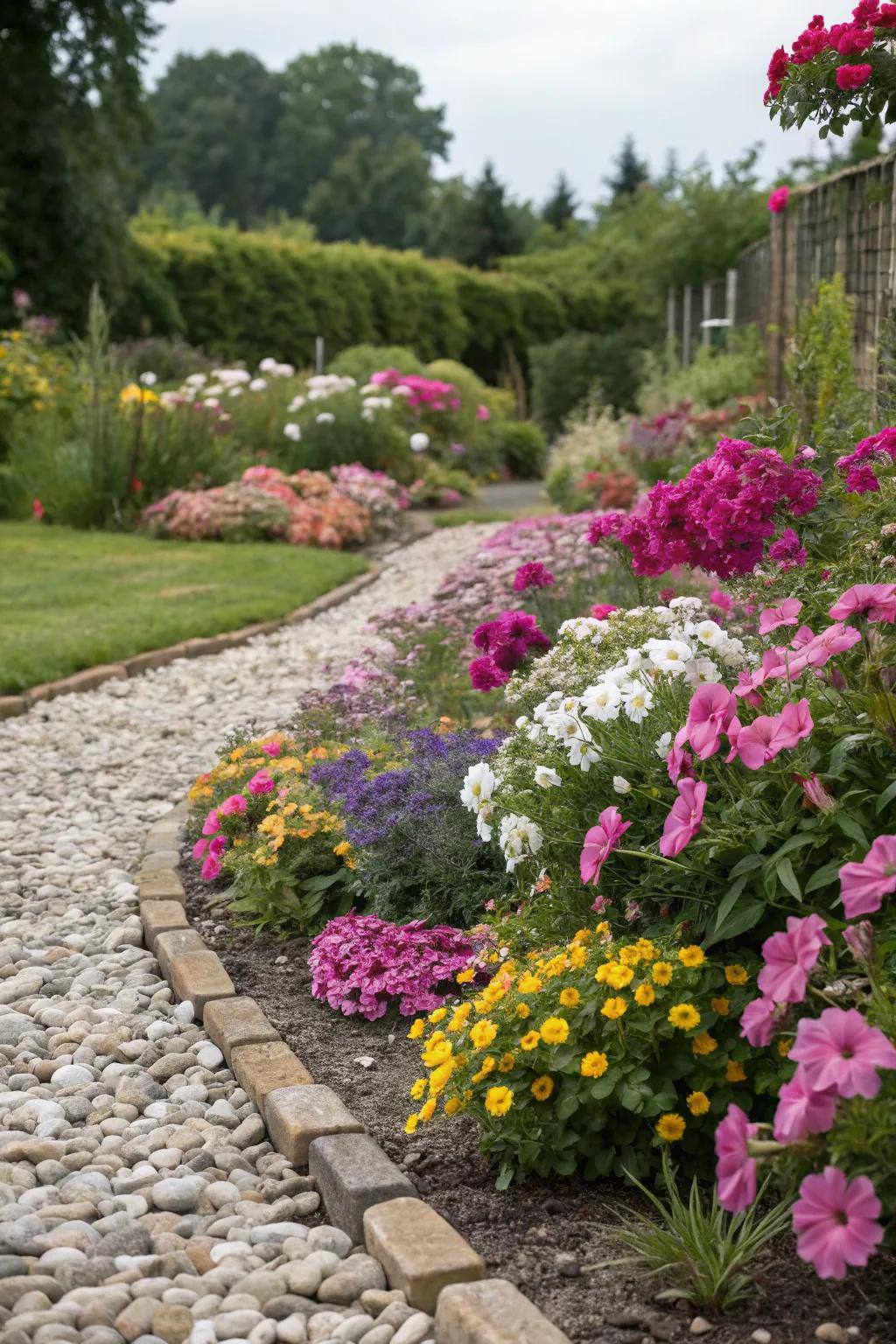 Pebble edging adds a touch of elegance with natural textures.