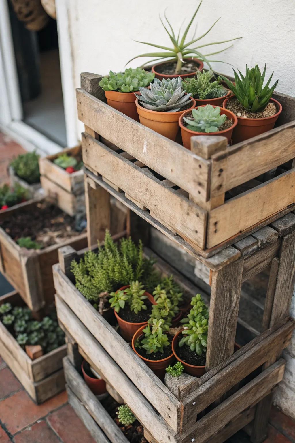 Vintage crates used to create a rustic flower display.