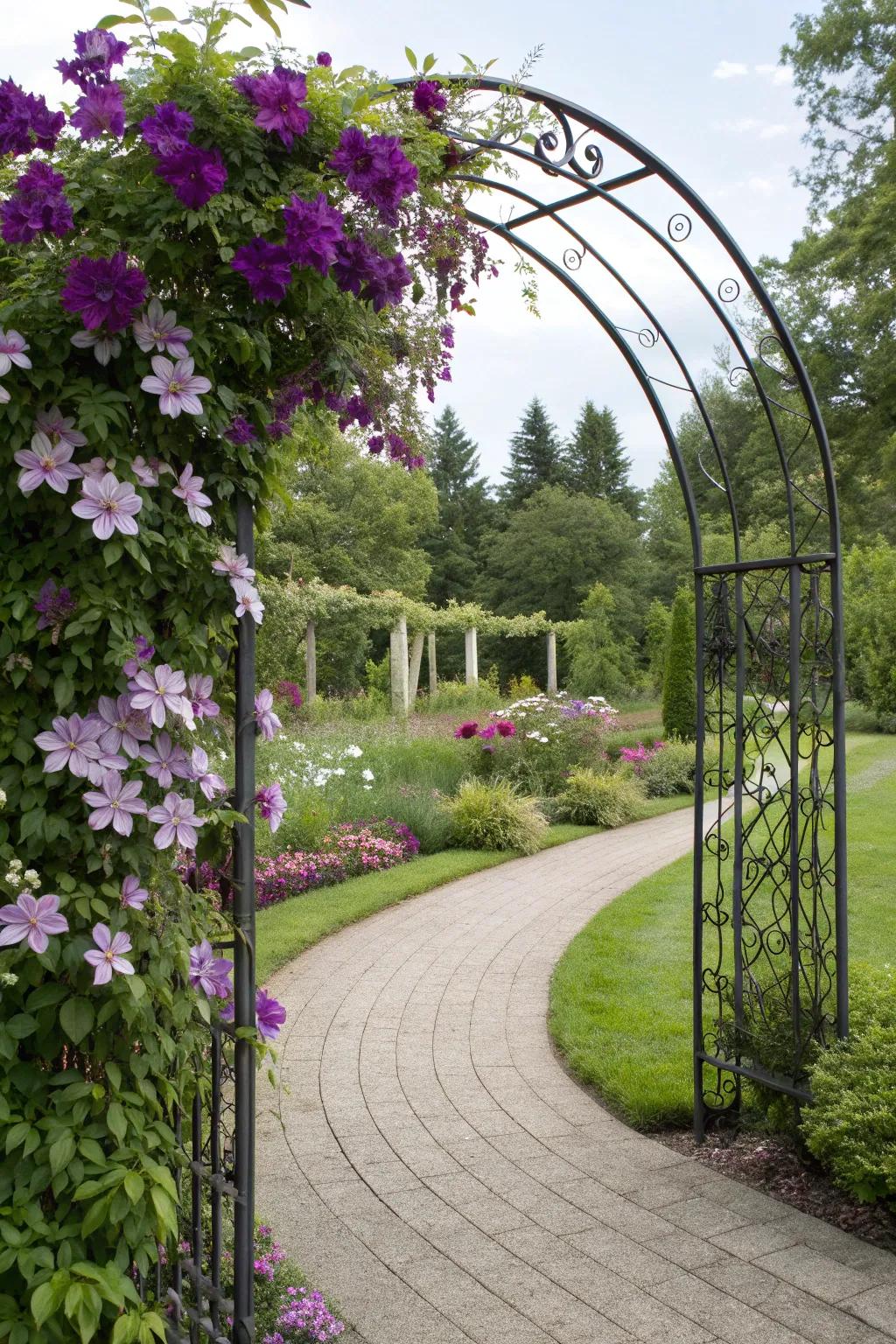 Metal archway trellises make a stunning garden entrance.