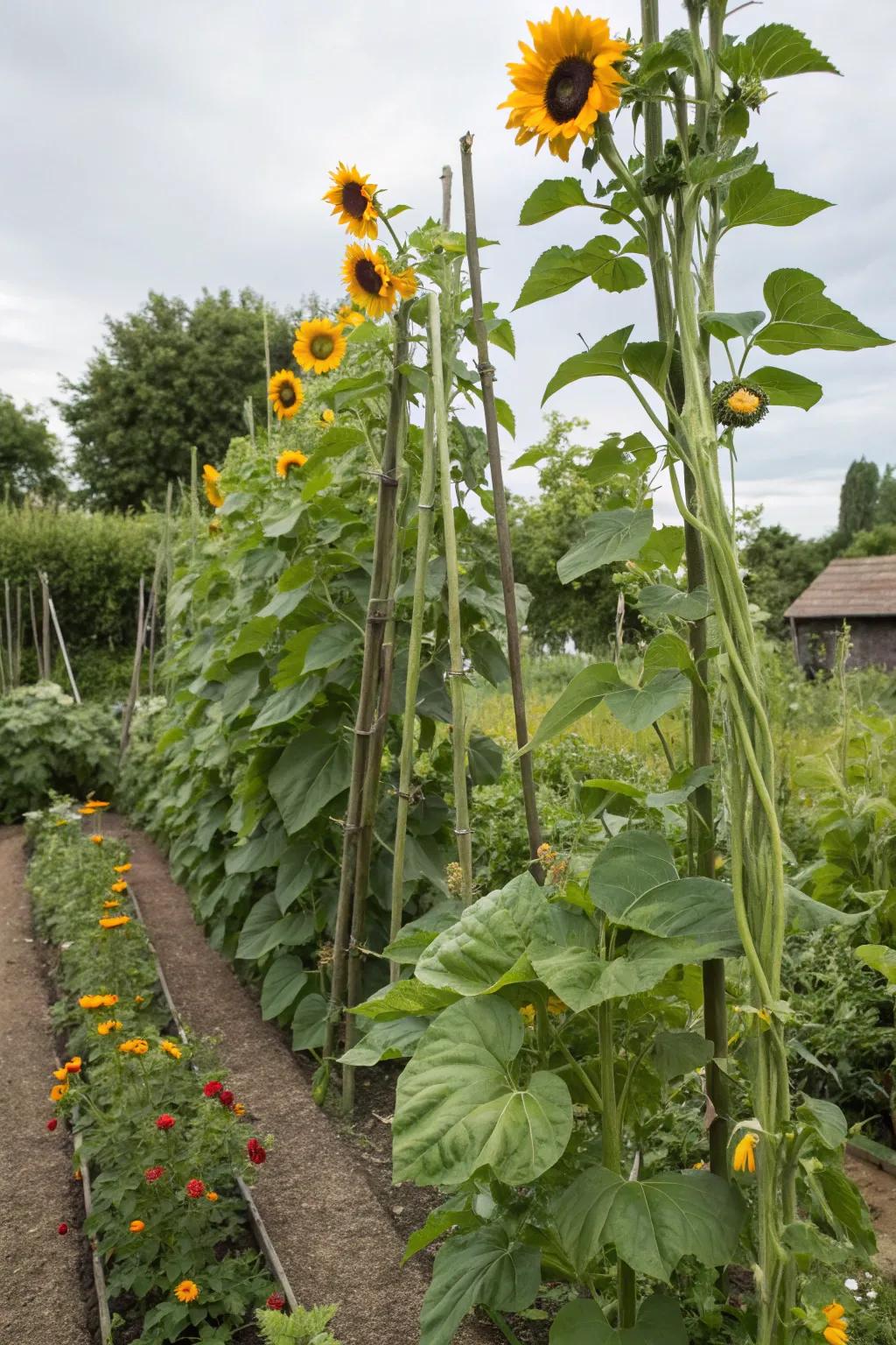 Sunflowers providing natural support for climbing beans.