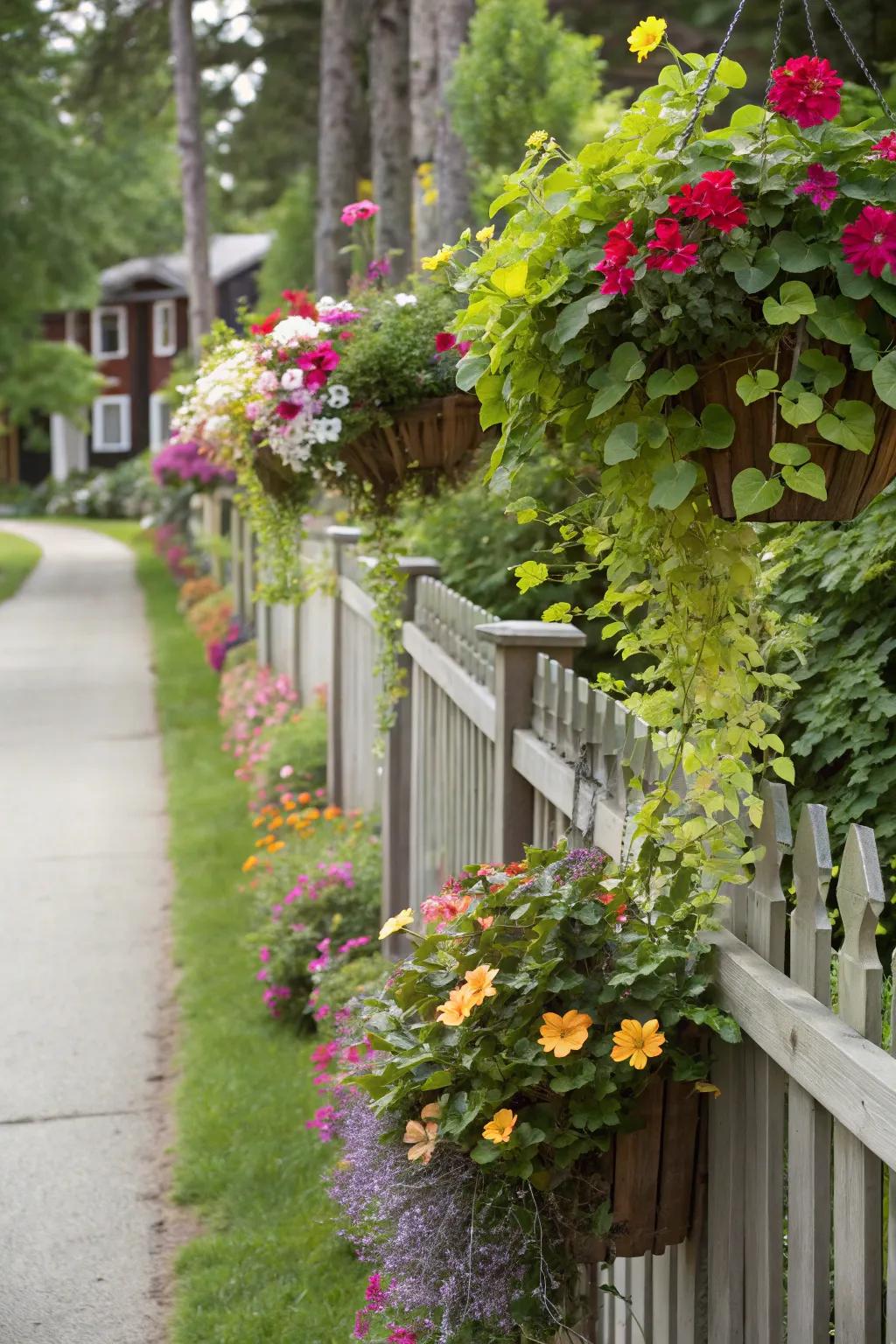 Hanging baskets offer an easy way to add color and texture to your fence.