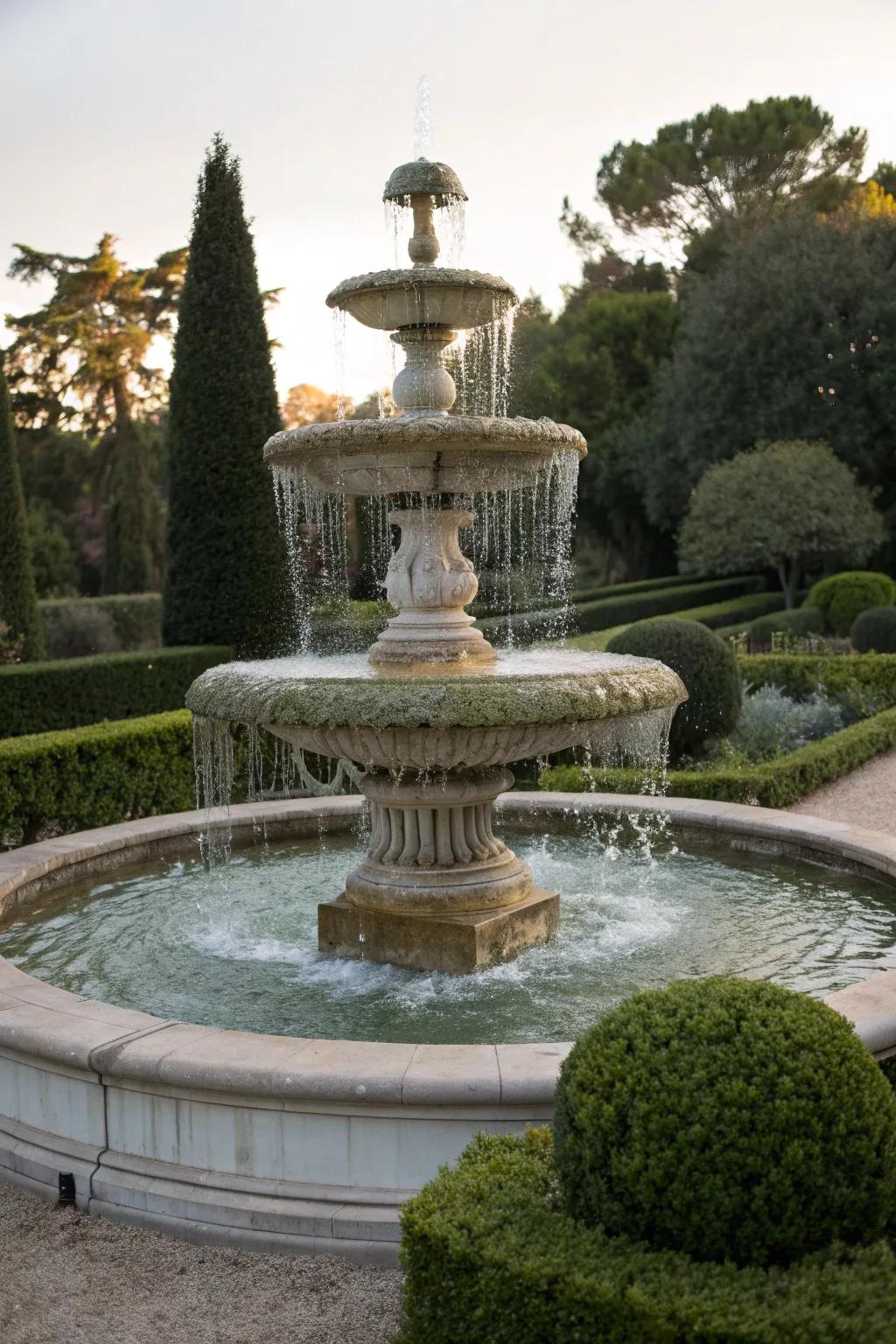 A traditional tiered fountain with cascading water, framed by manicured hedges.