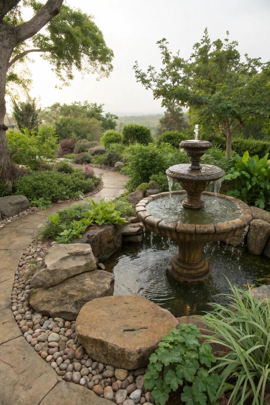 A serene oasis with a fountain surrounded by natural stones.