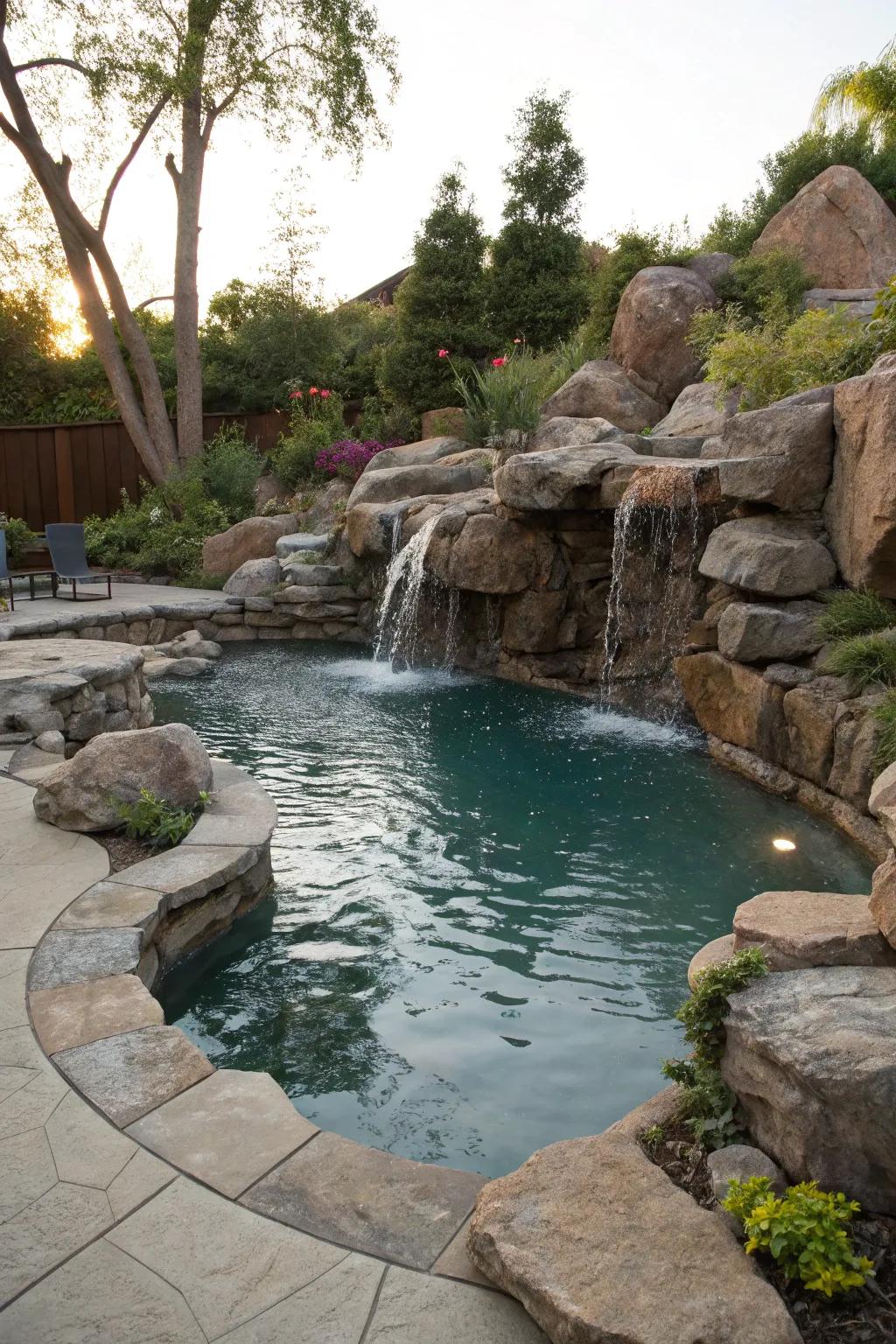 A rocky retreat with a stone waterfall feature.