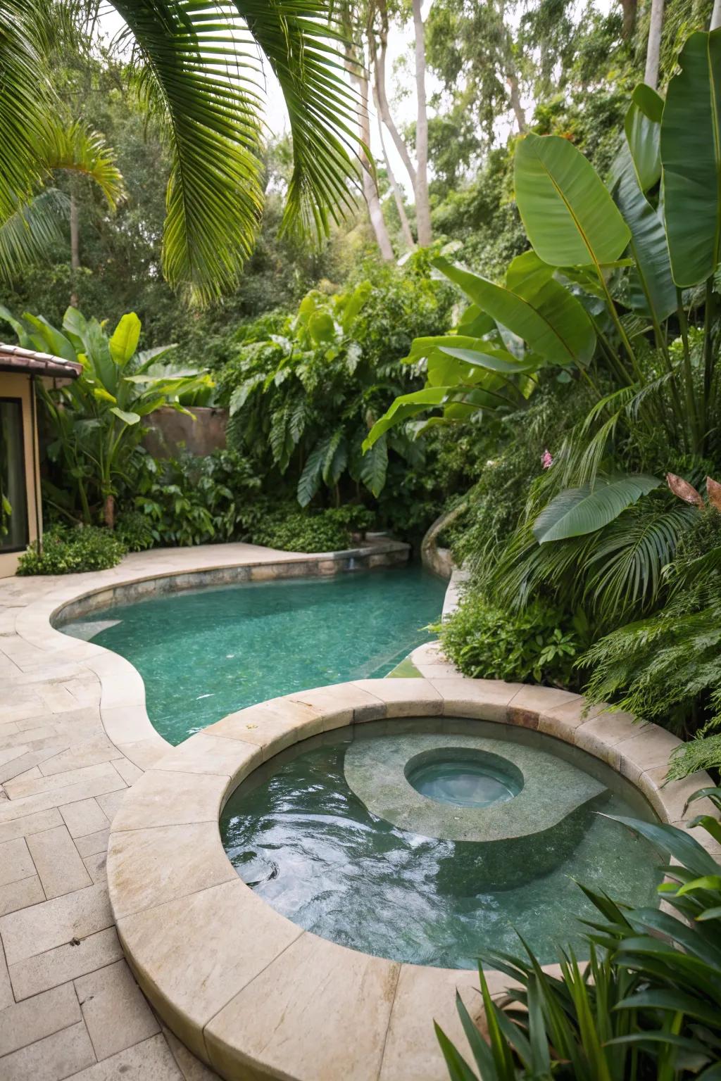 A luxurious freeform pool featuring an integrated spa for ultimate relaxation.