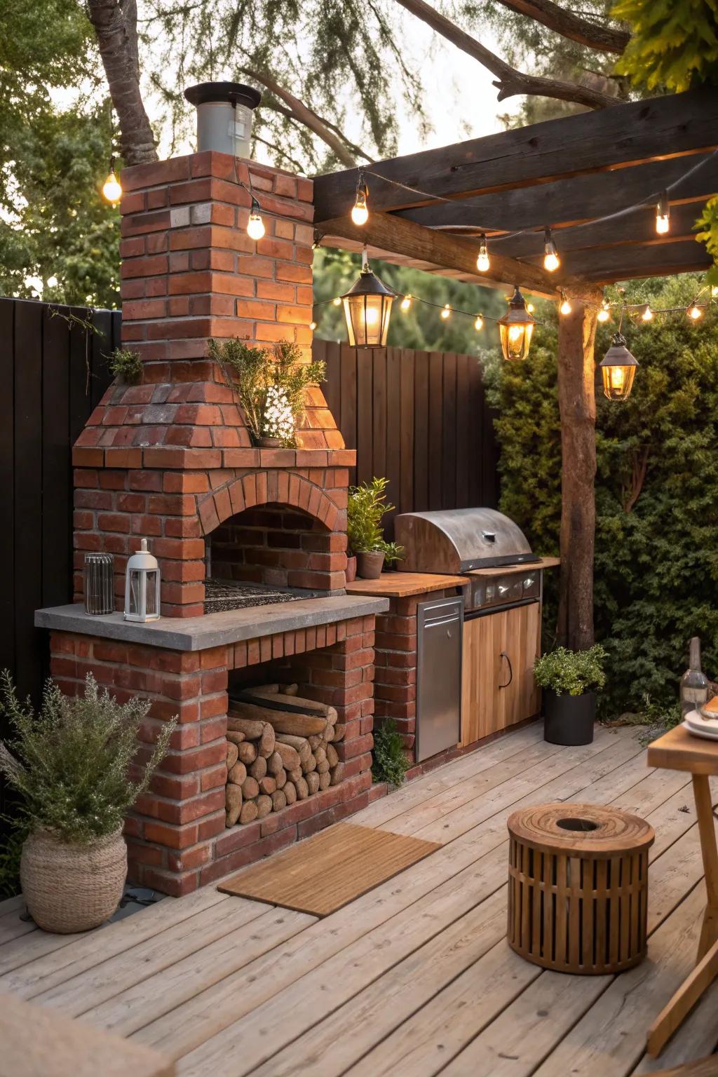 Rustic charm and warmth with a brick grill setup.