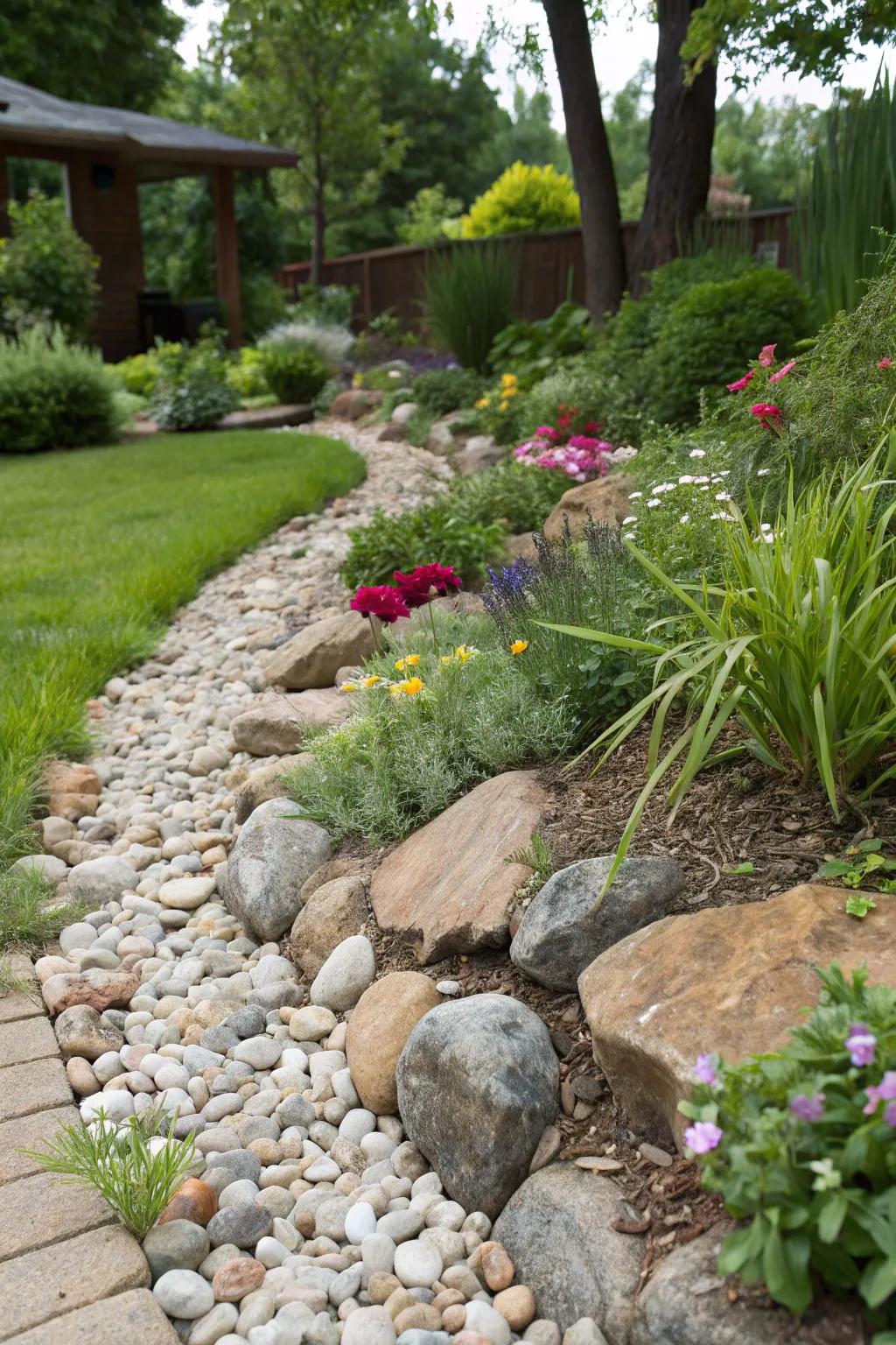 An elegant French drain using rocks and gravel.