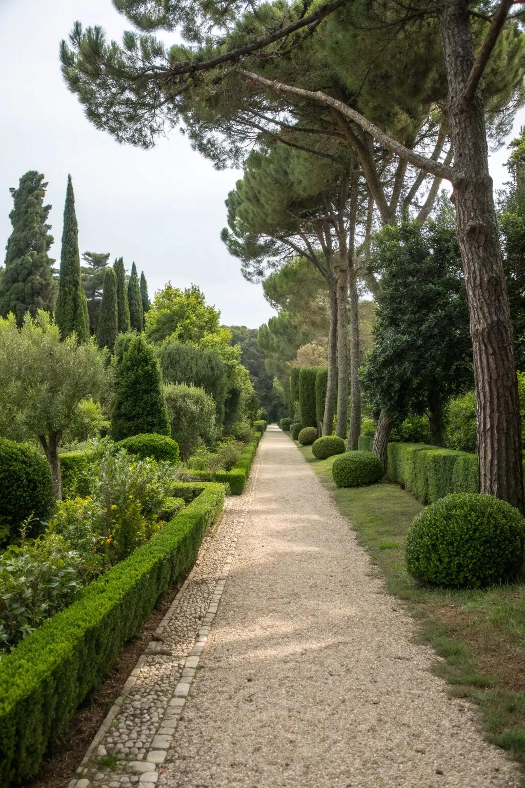 Elegant gravel pathways lead through lush greenery.