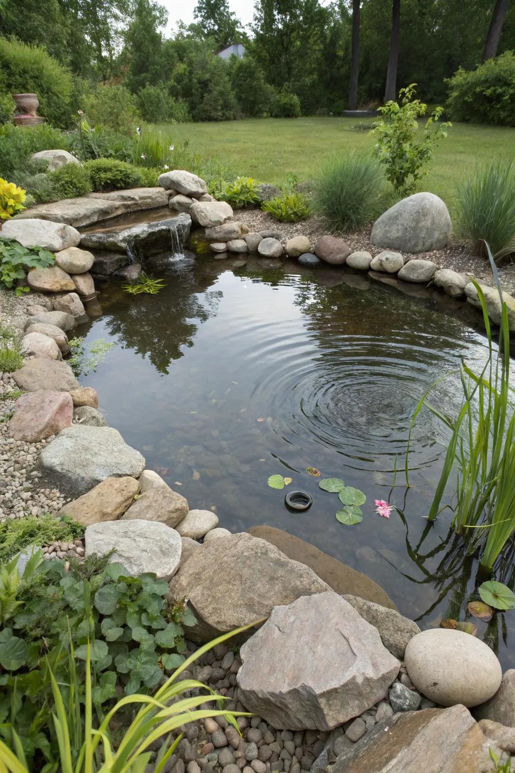 Rocks and stones make a stylish and functional pond border.