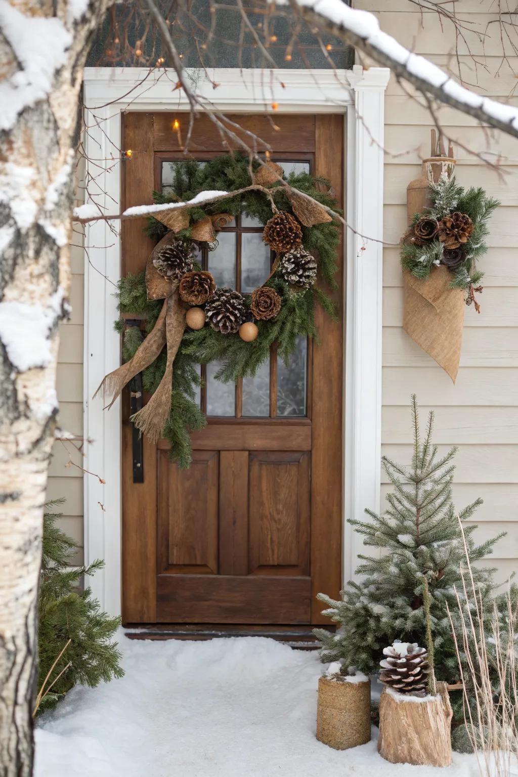 A rustic garland featuring pinecones and burlap for a natural, cozy feel.