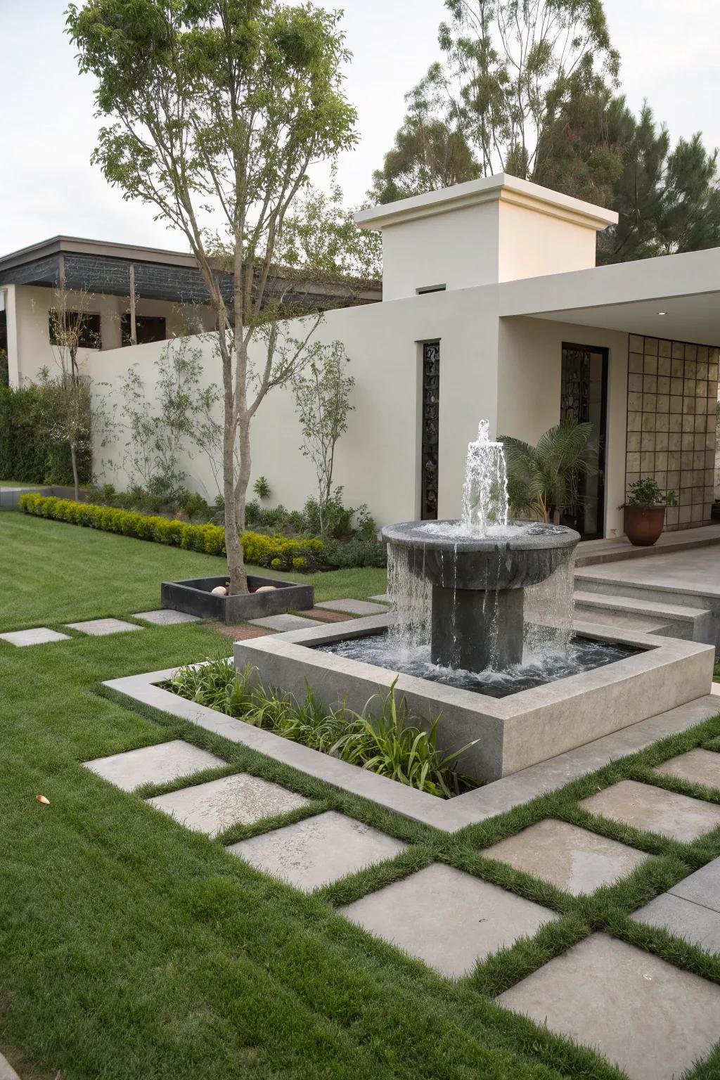 Modern minimalist fountains offer a sleek and stylish entrance.