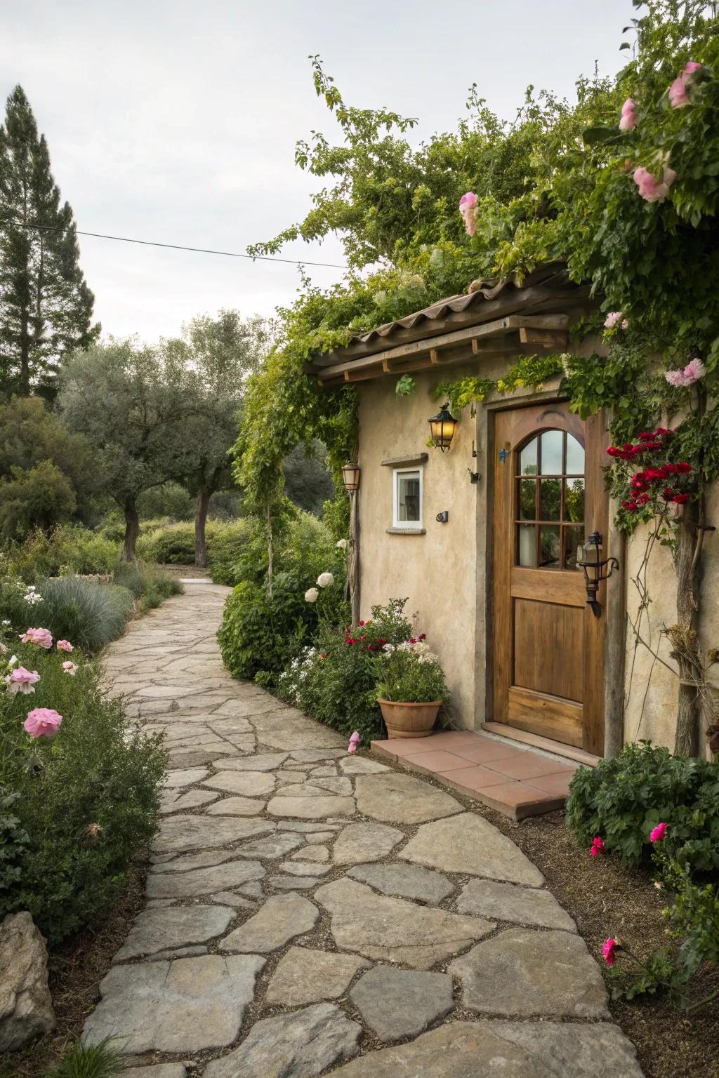 A rustic stone pathway adds charm and guides guests to the front door.