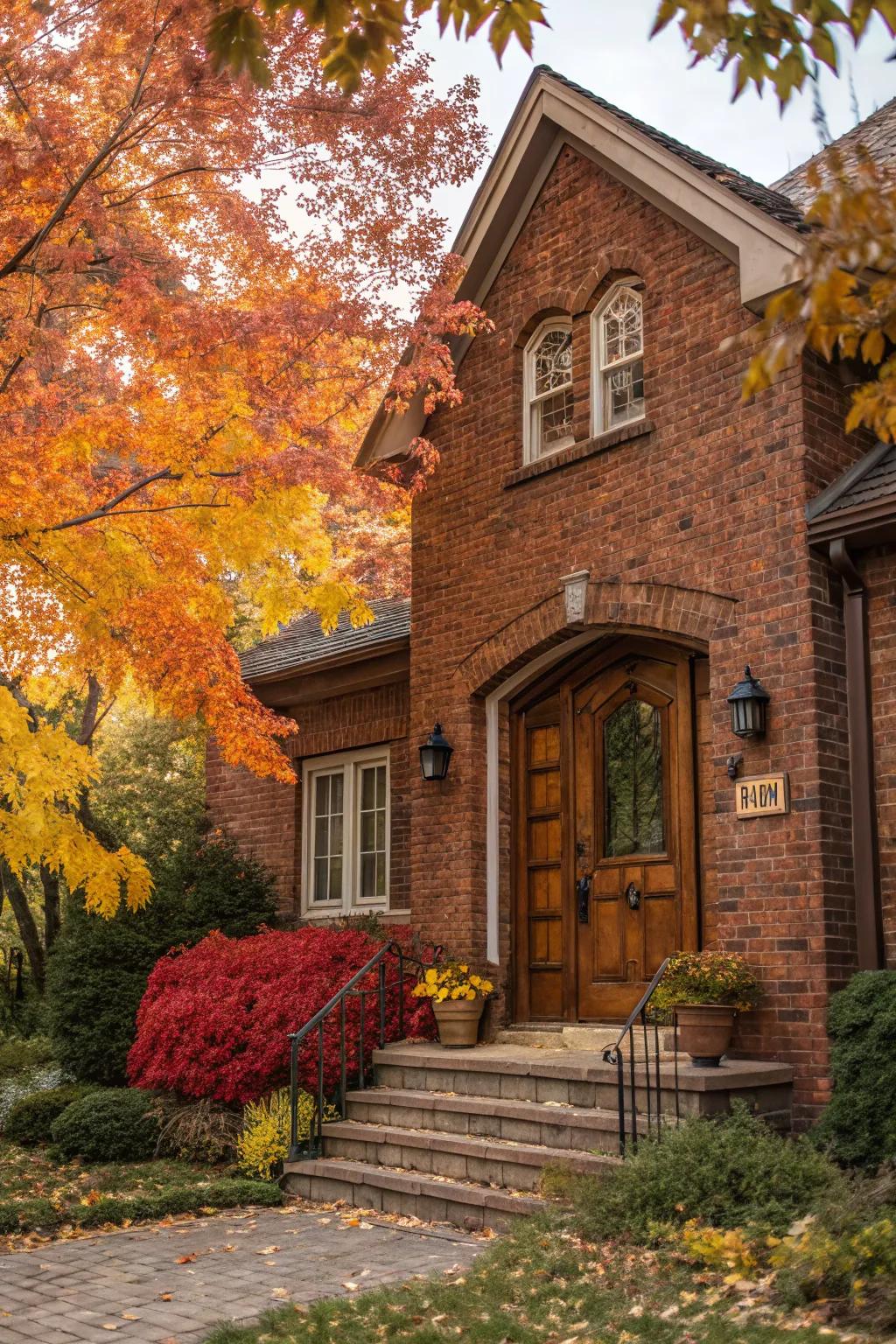 A wooden front door adds a touch of natural charm to a brick home.