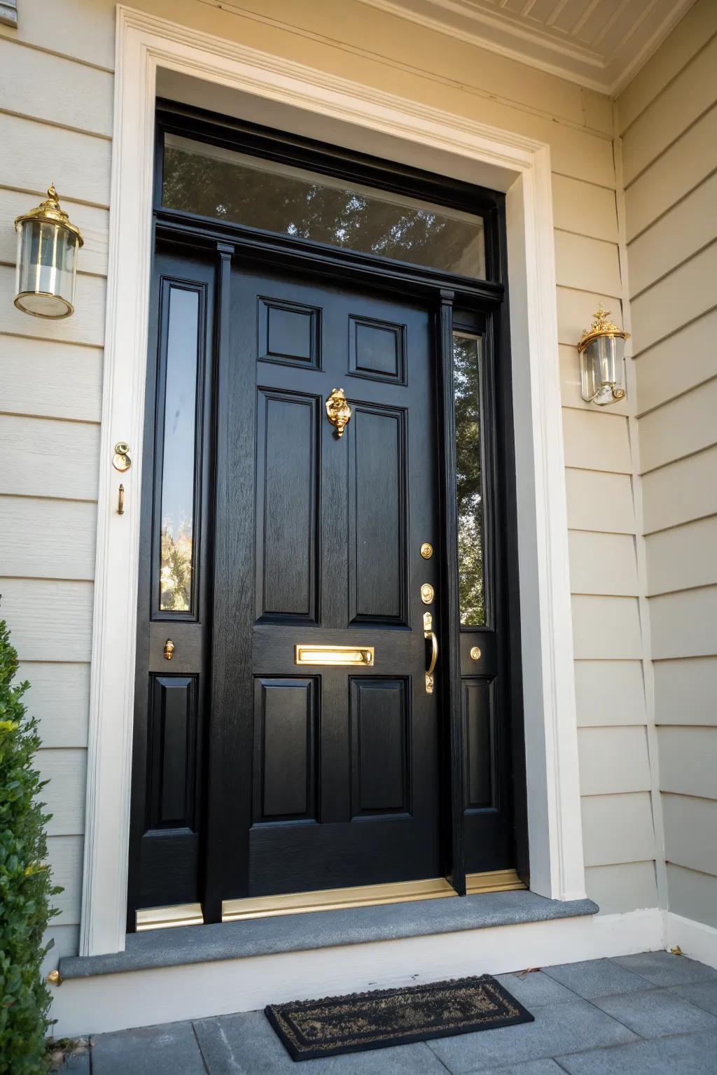 Sophisticated black front door with striking brass details.
