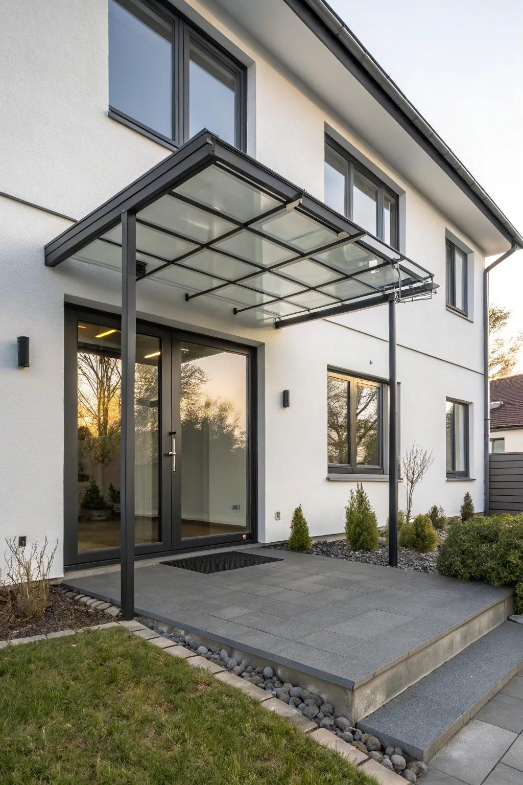 A sleek metal canopy adds modern flair to this entryway.