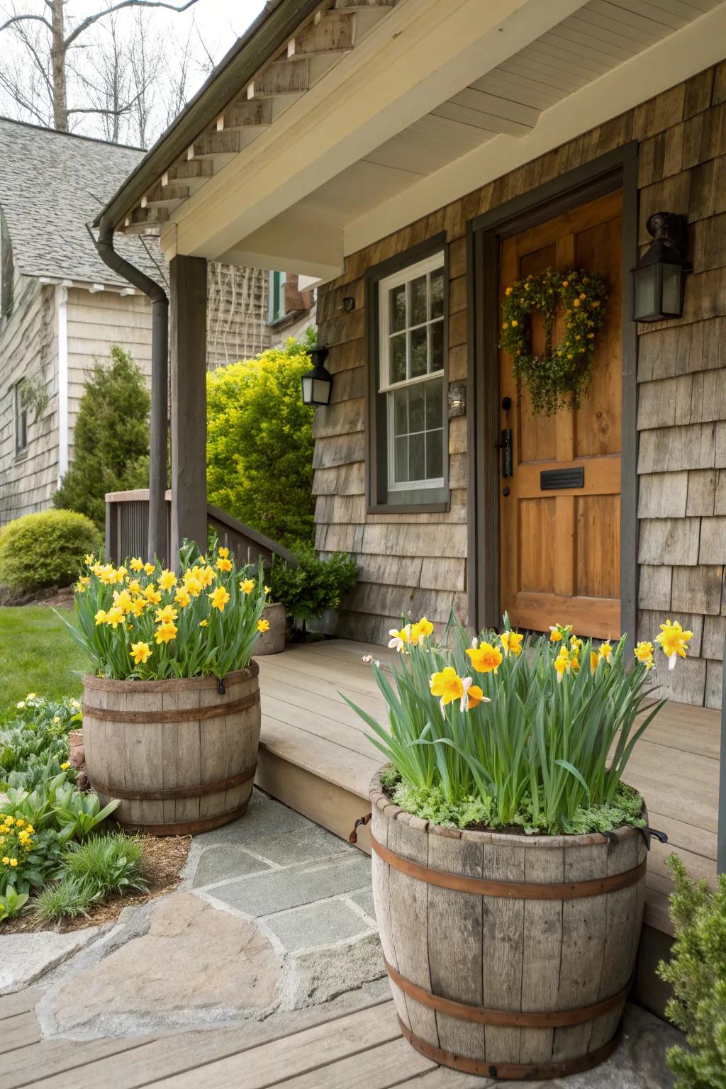 Wooden barrels offer rustic charm with daffodils.