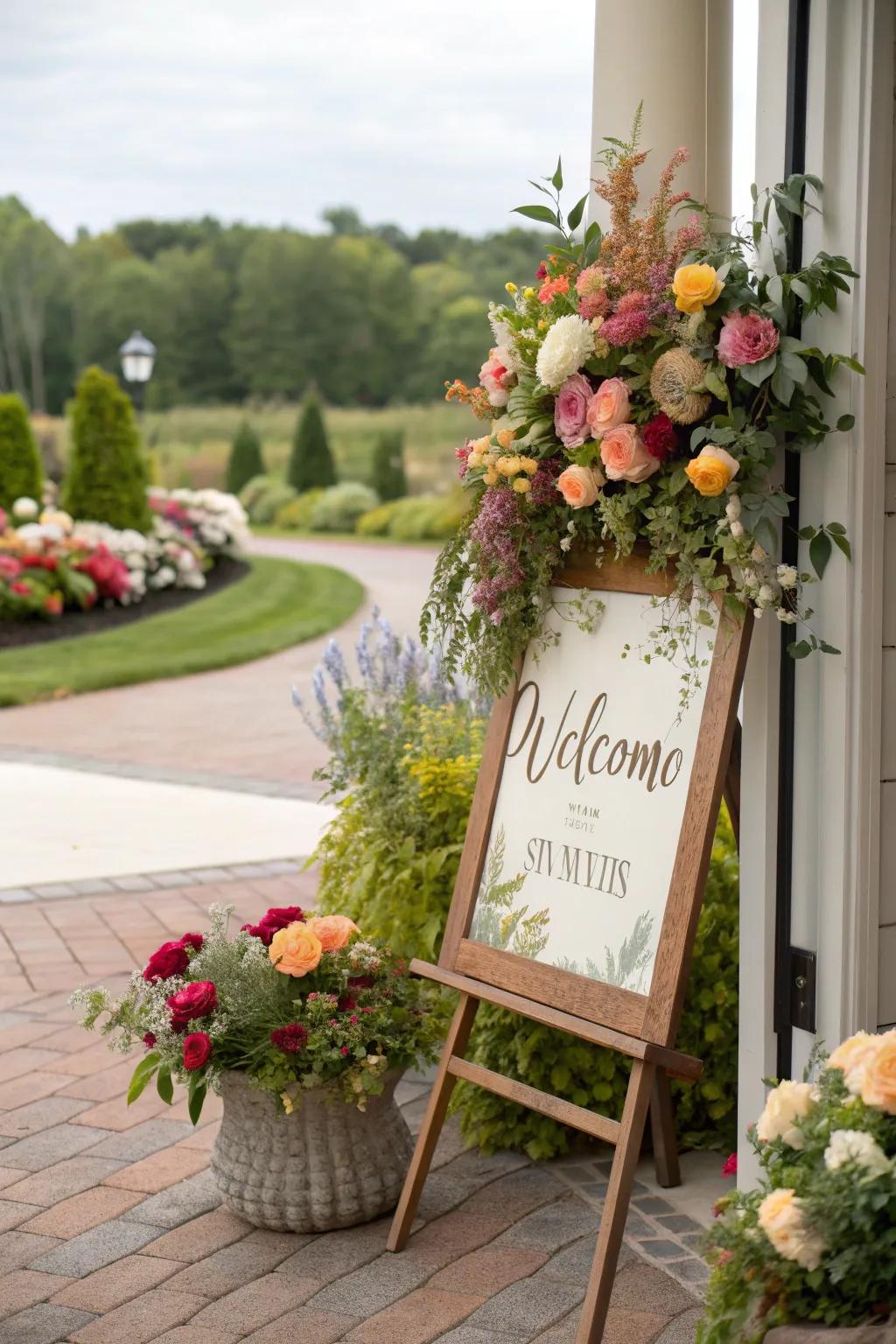 Floral accents bring a natural and lively feel to welcome signs.