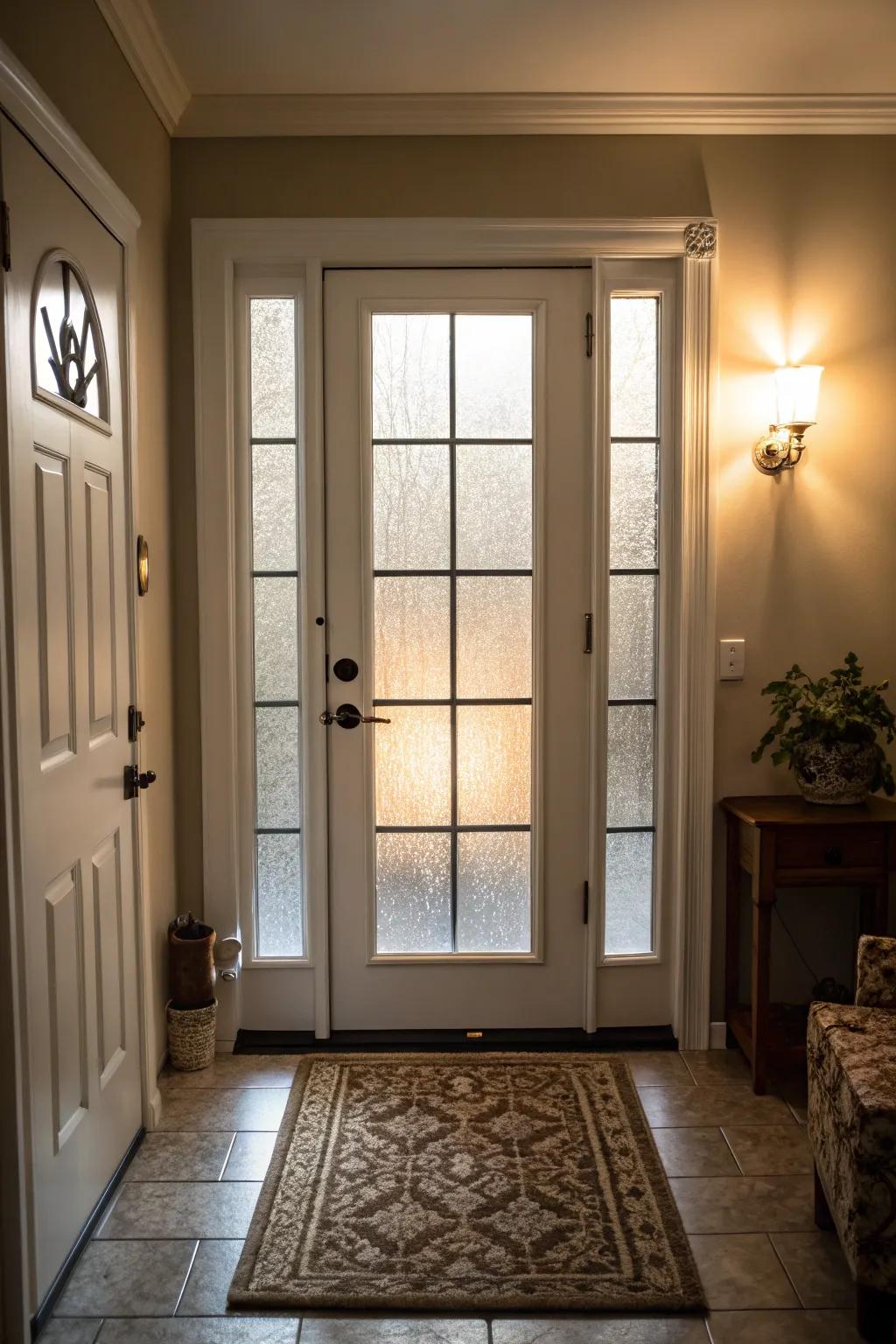Frosted glass adds privacy and elegance to this inviting entryway.