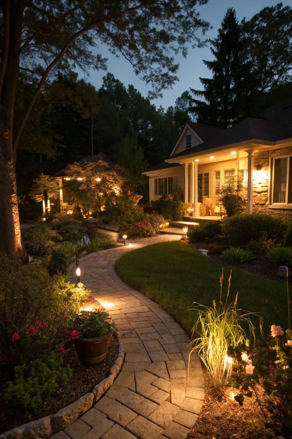 Enchanting garden lights create a welcoming glow.