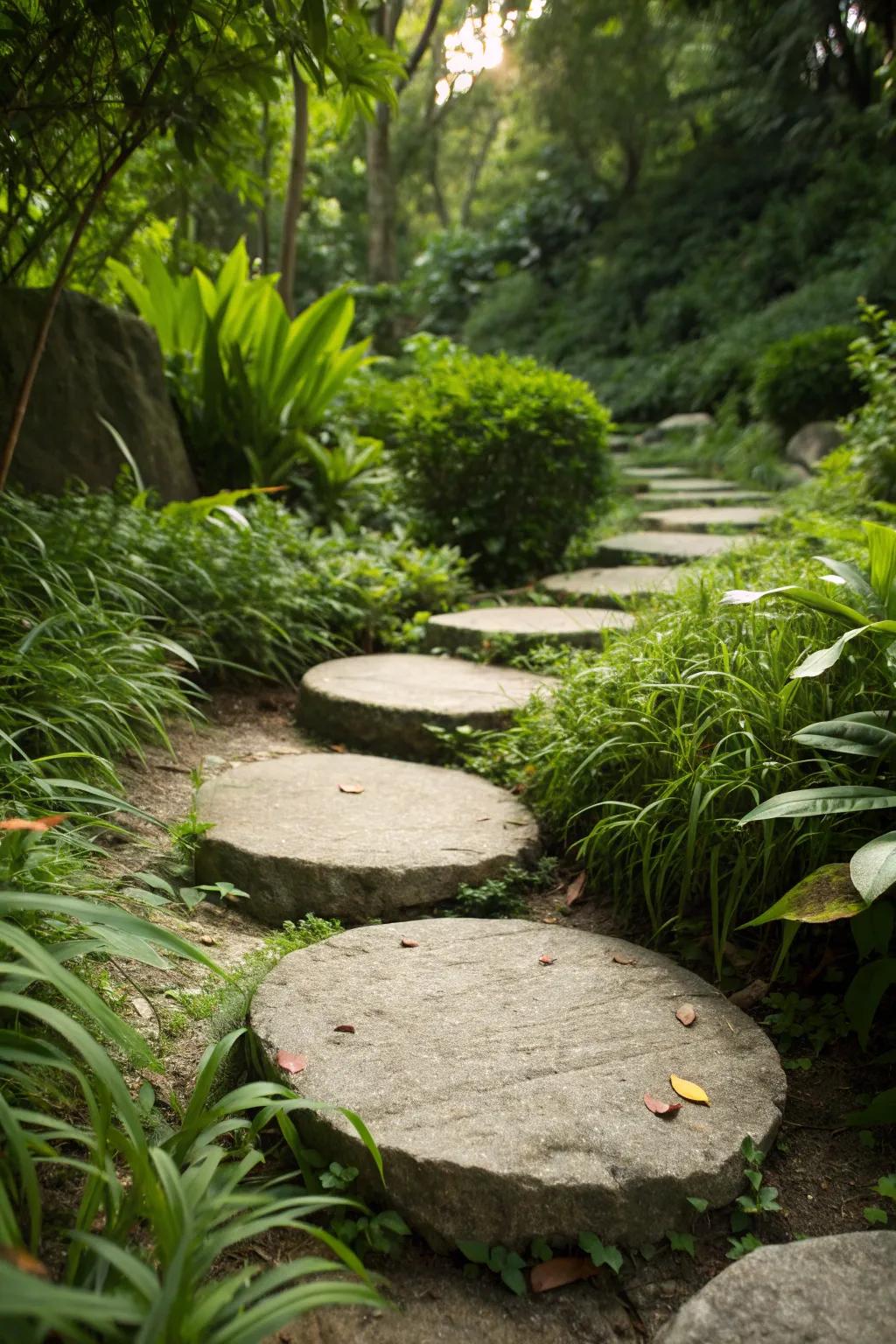 Natural stone stepping stones set amidst vibrant greenery, offering a tranquil garden experience.