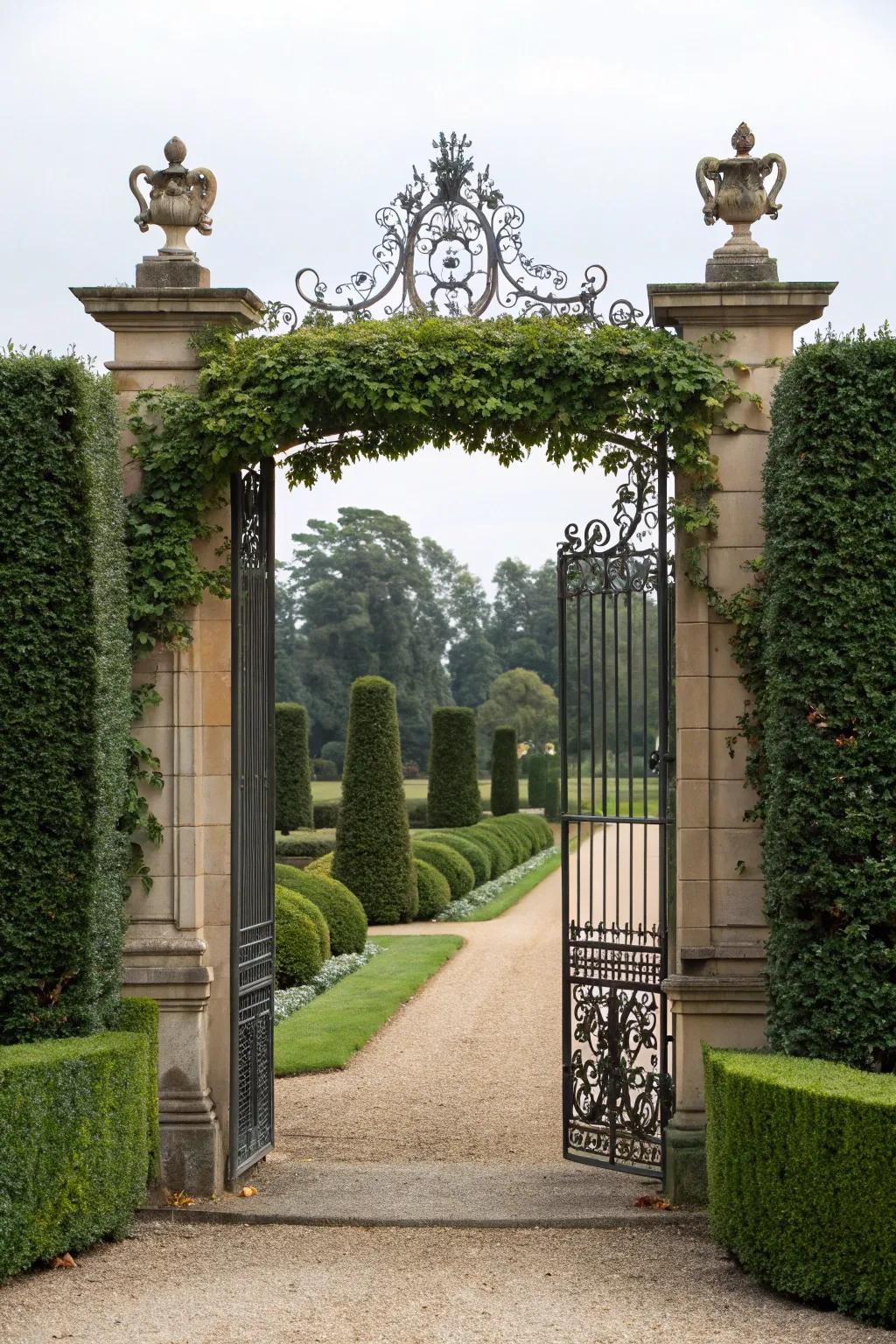 A formal entrance with neatly trimmed boxwood hedges.