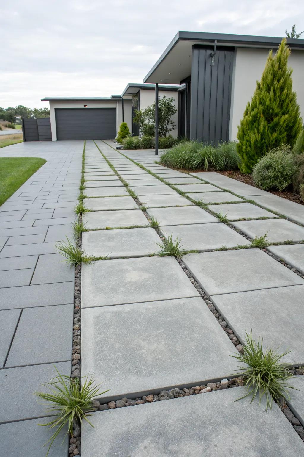 Modern driveway featuring elegant grey pavers.