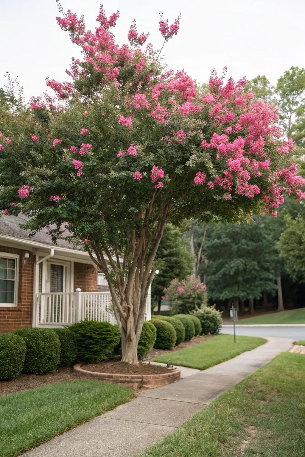A solitary crepe myrtle acts as a stunning focal point in the yard.
