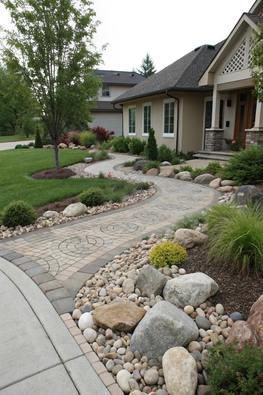 Stone elements bring texture and reduce maintenance