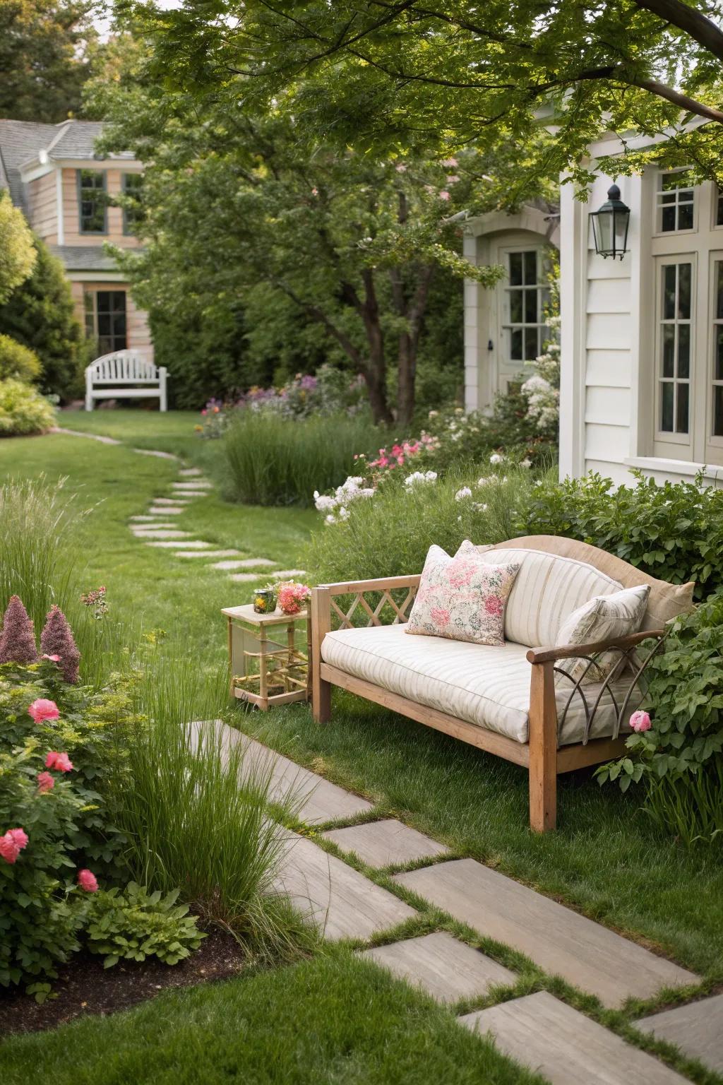 A cozy seating area invites you to relax and enjoy your front yard.