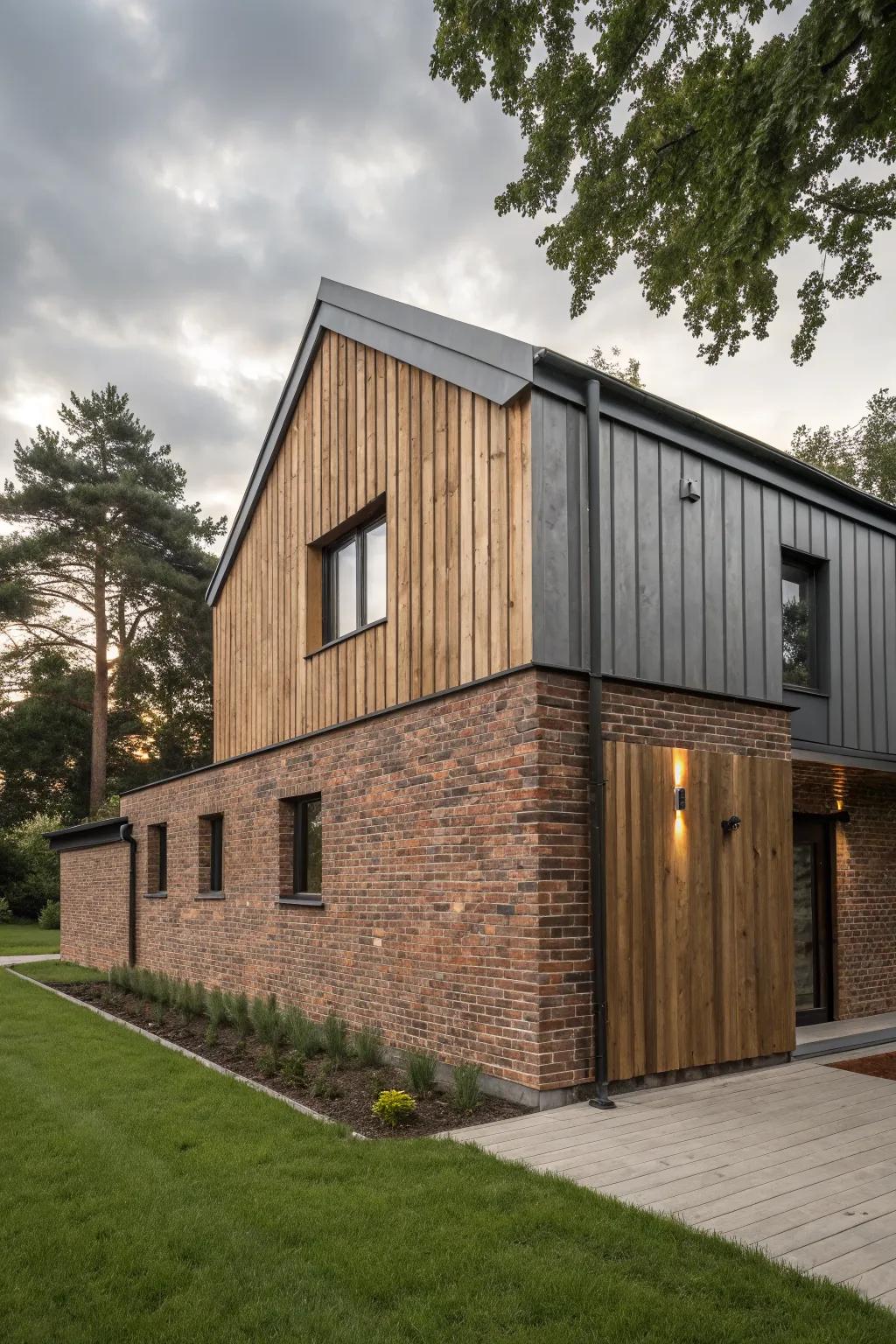 A house exterior featuring a dynamic mix of brick, wood, and metal cladding.
