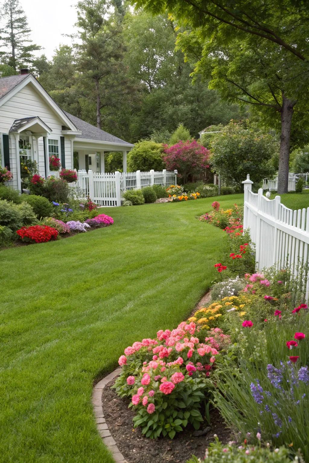 A front yard featuring a lush lawn and colorful flower beds.
