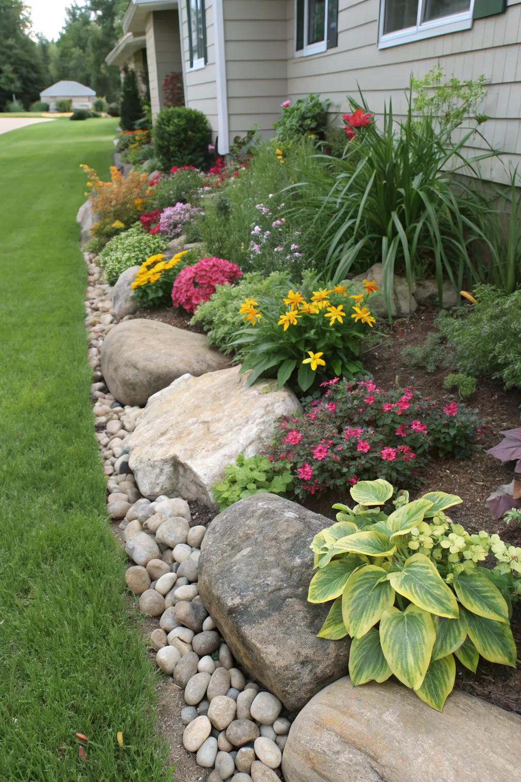 A harmonious mix of plants and rocks in a front yard flower bed.